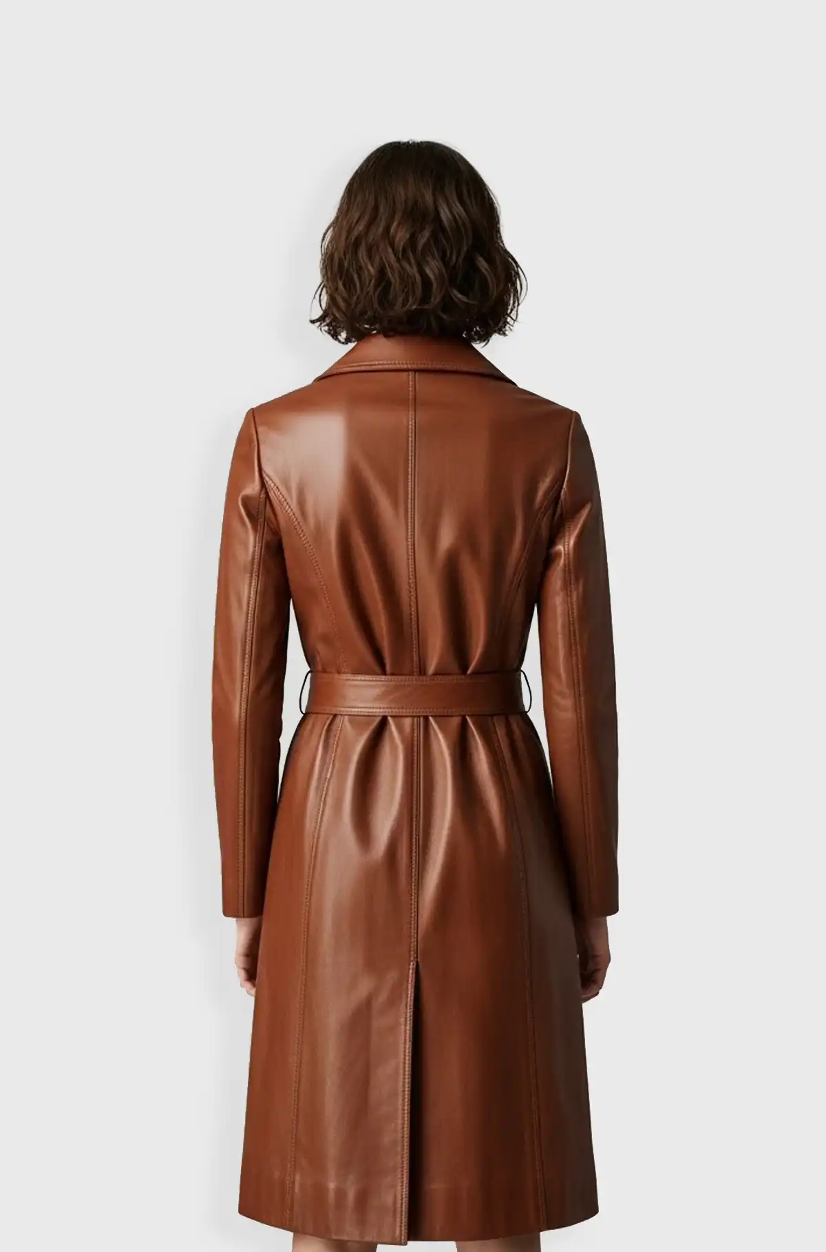 Tan Brown Leather Belted Trench Coat