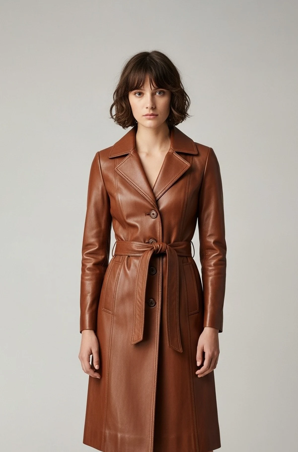 Tan Brown Leather Belted Trench Coat