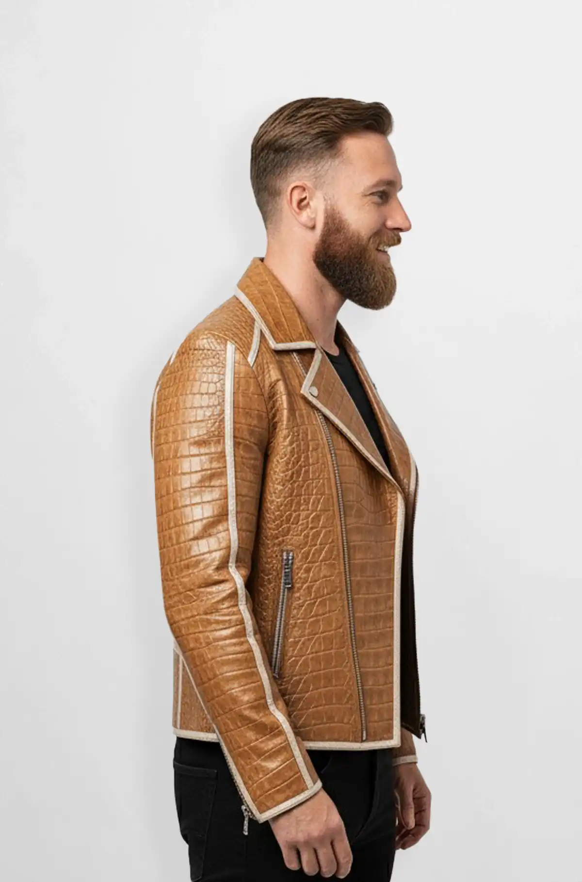 Tan Croc Embossed Biker Leather Jacket