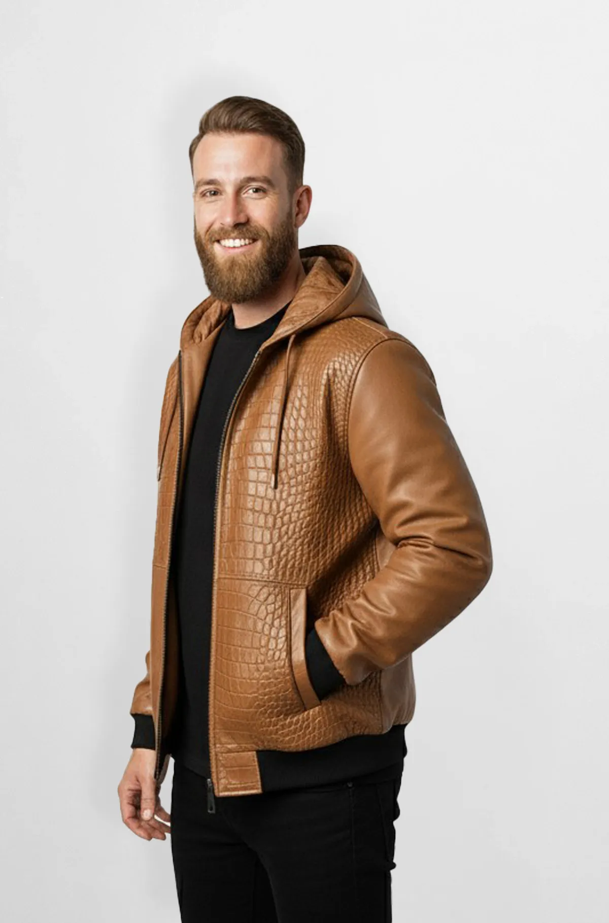 Tan Croc Embossed Leather Hoodie Jacket