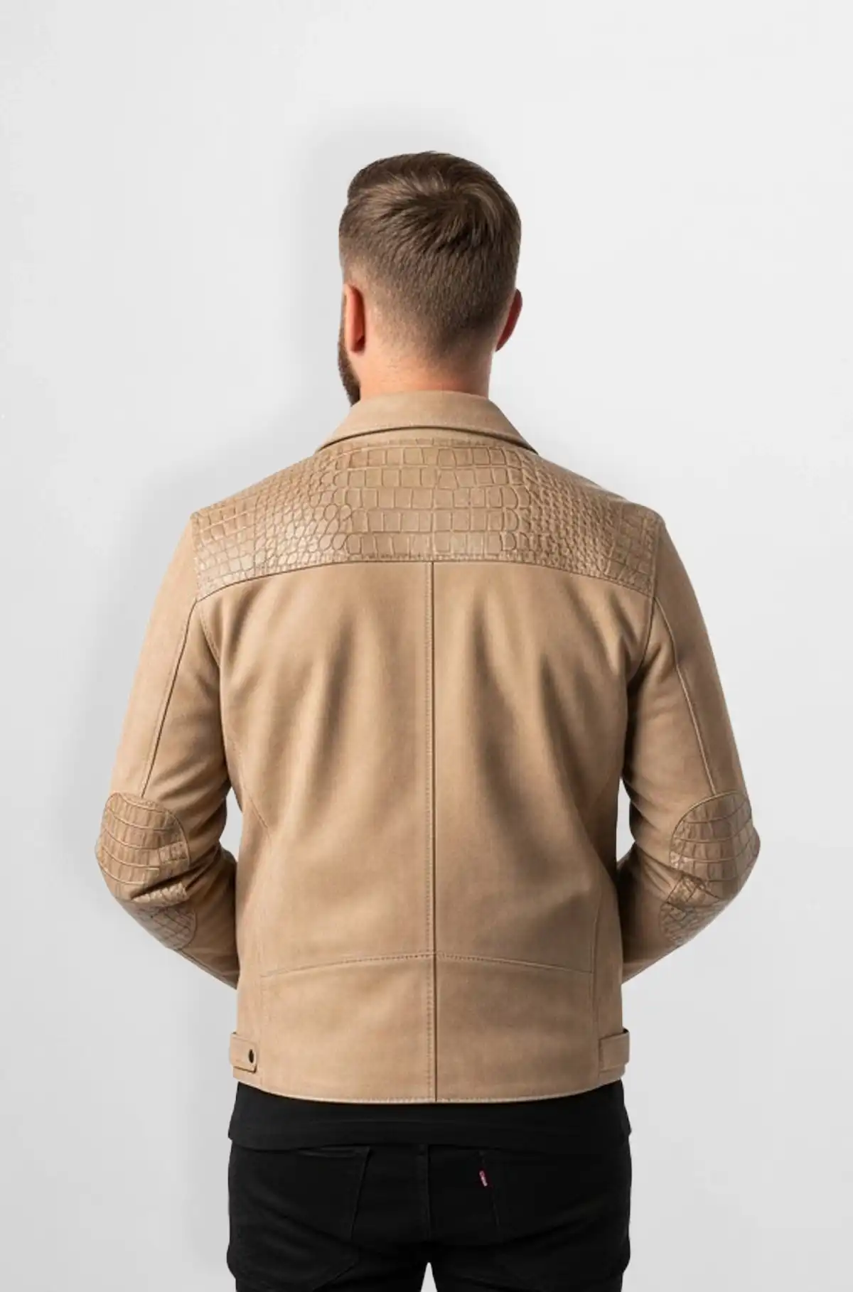 Tan Crocodile Embossed Accents Leather Jacket
