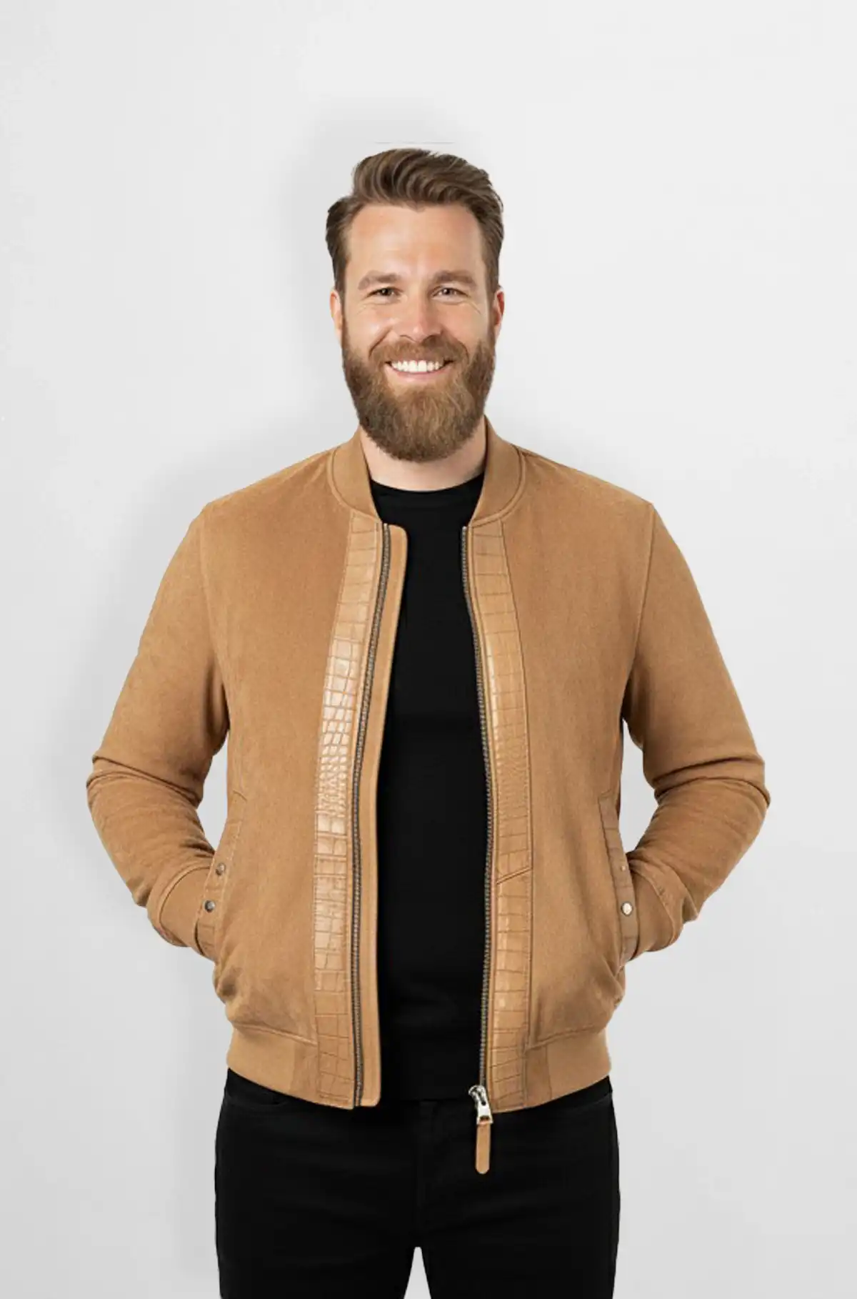 Tan Crocodile Panel Bomber leather Jacket