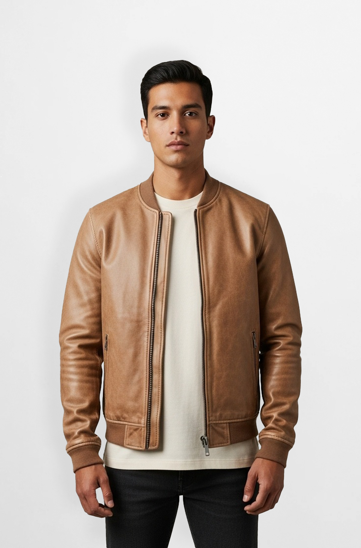 Tan Leather Bomber Jacket for Men