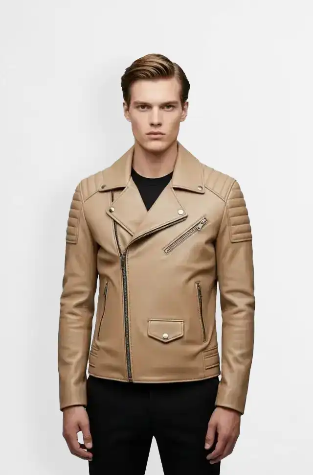 Tan Quilted Biker Leather Jacket