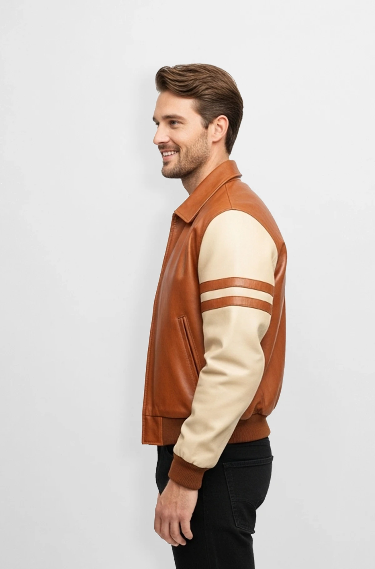 Tan and Cream Leather Varsity Jacket for Men