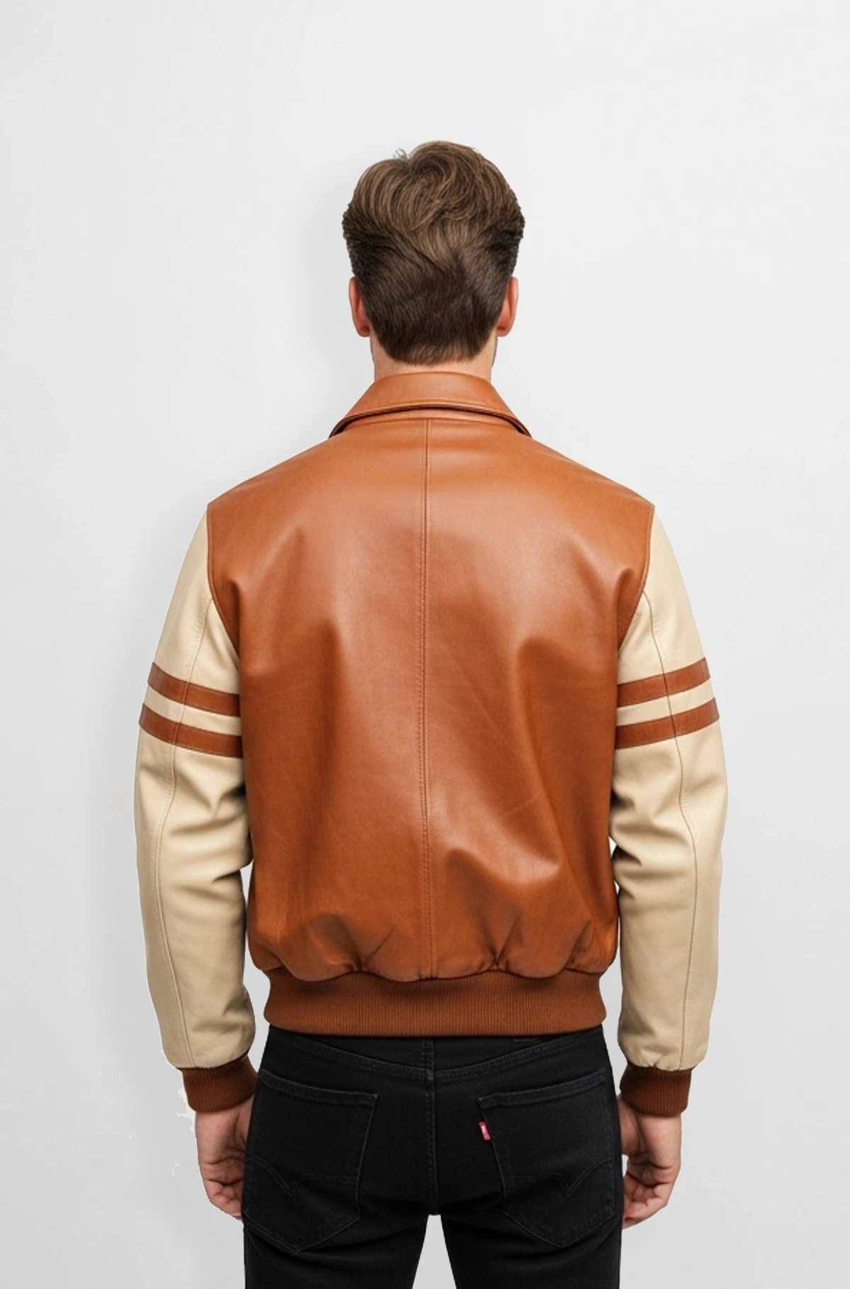 Tan and Cream Leather Varsity Jacket for Men