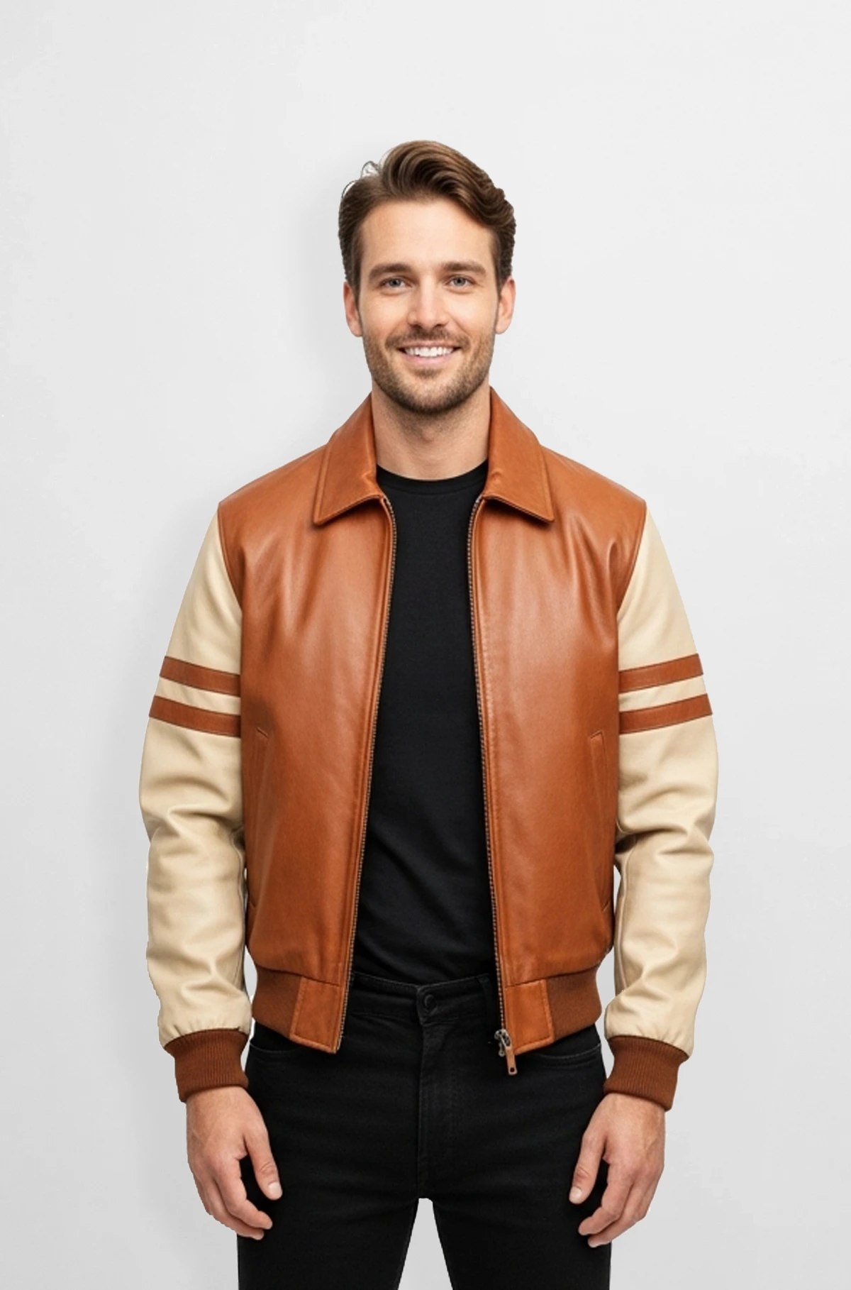 Tan and Cream Leather Varsity Jacket for Men