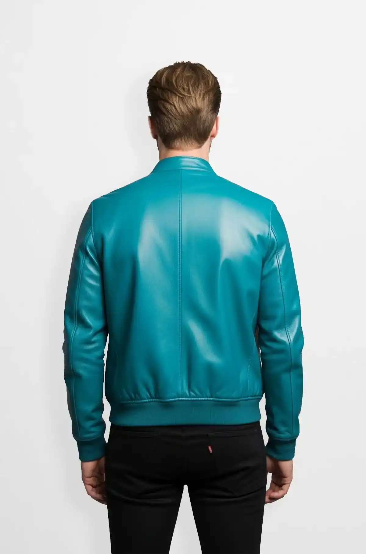 Teal Blue Leather Bomber Jacket