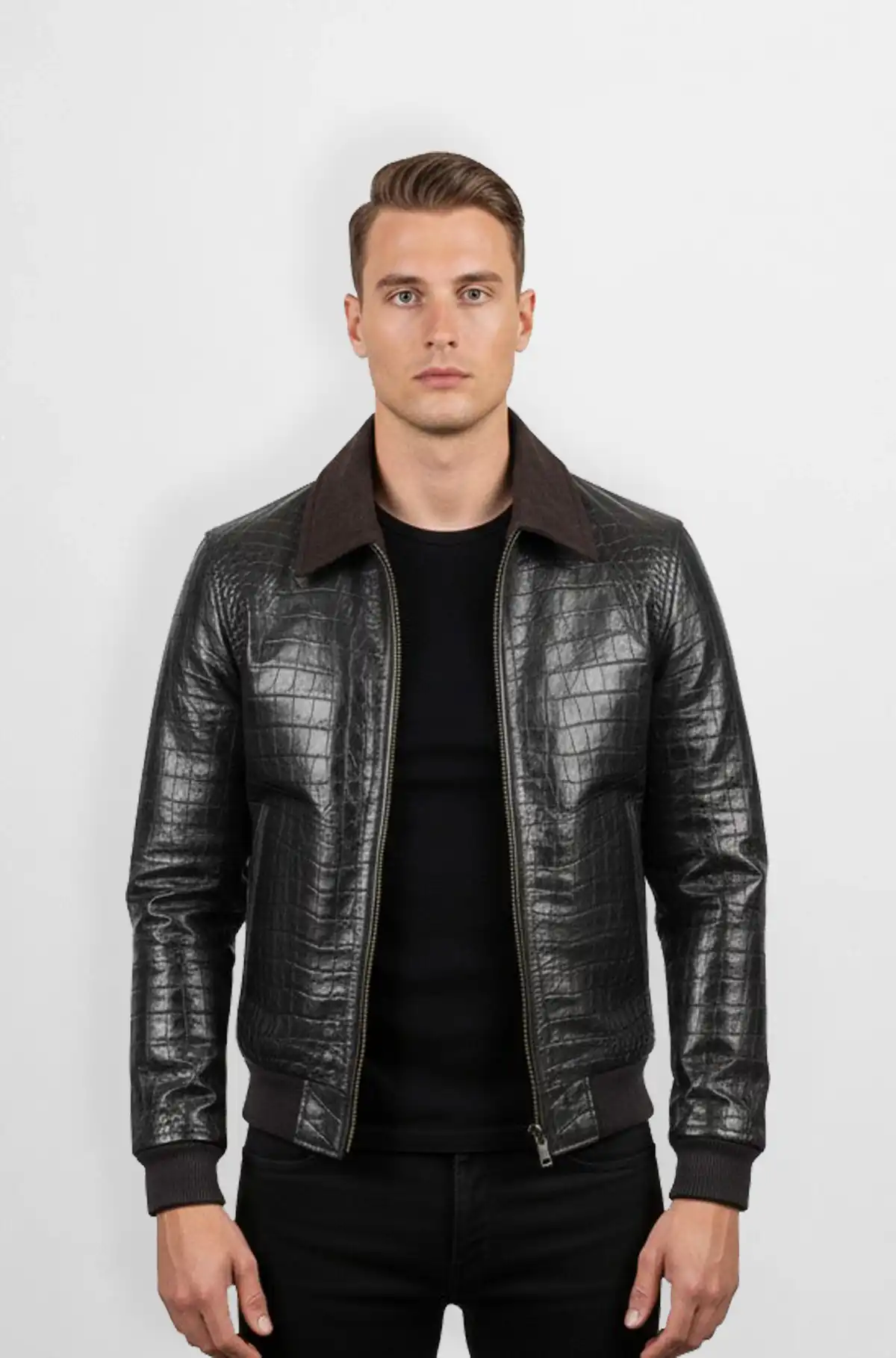 The Black Crocodile Leather Bomber Jacket