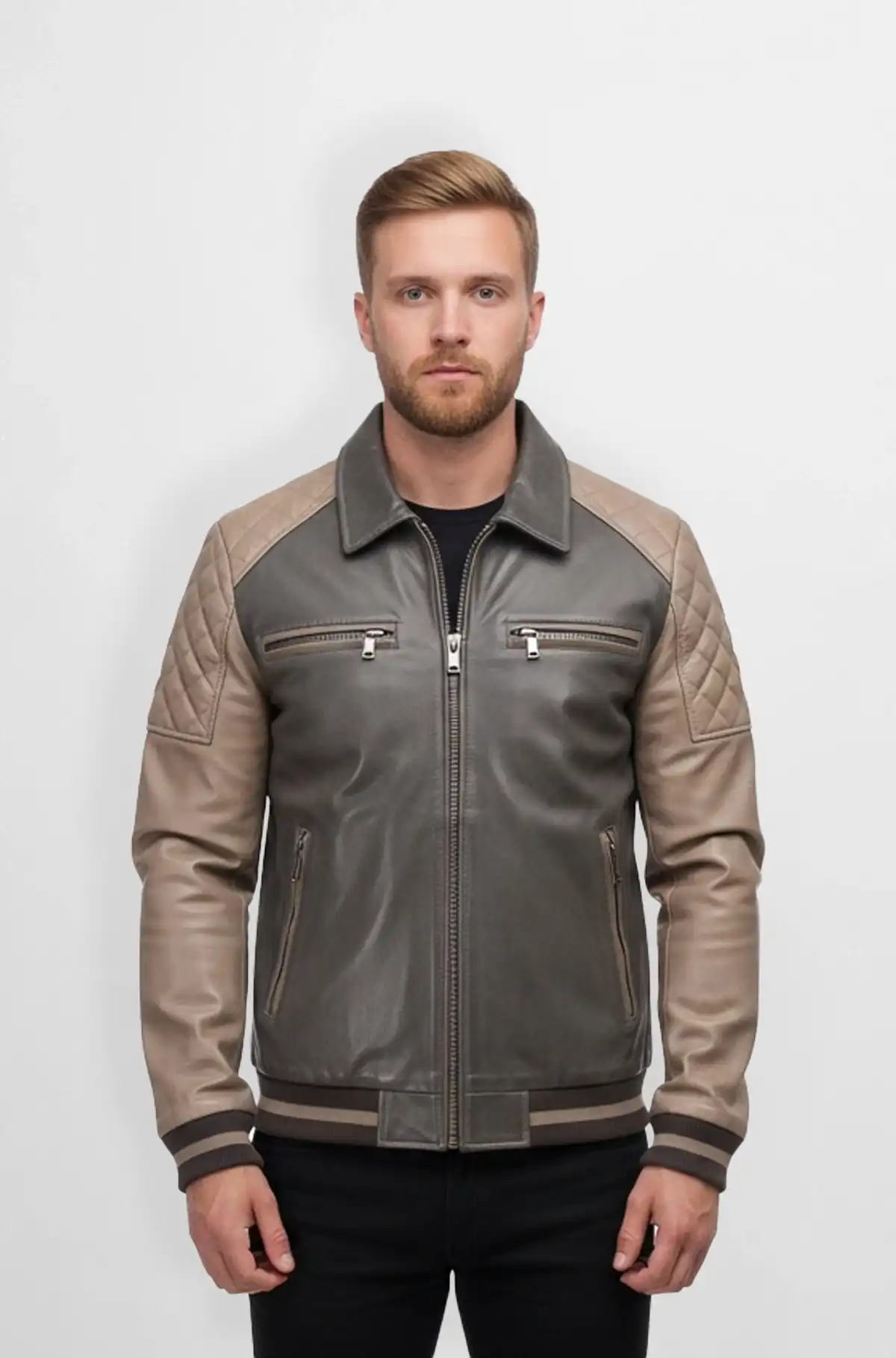The Stone And Taupe Leather Varsity Jacket