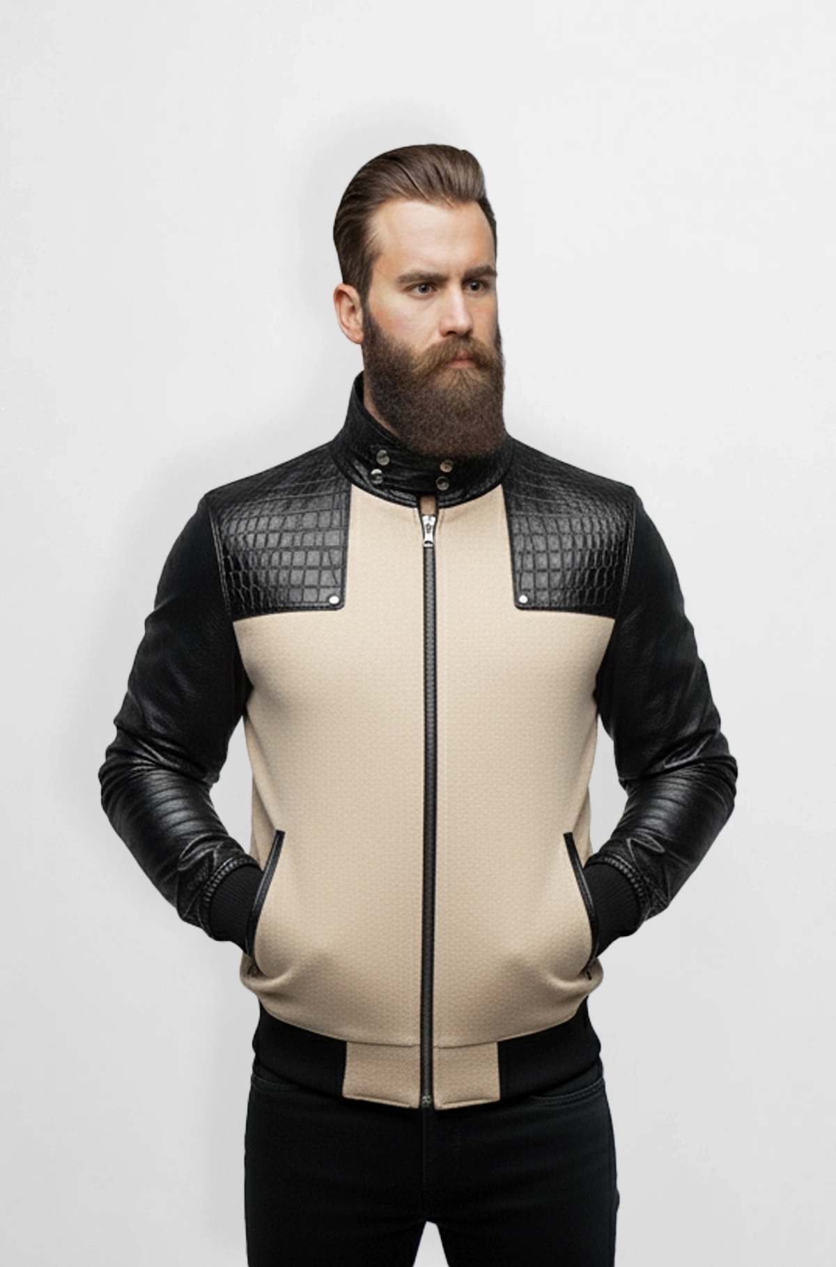 Trim Beige Crocodile Wool Leather Bomber Jacket