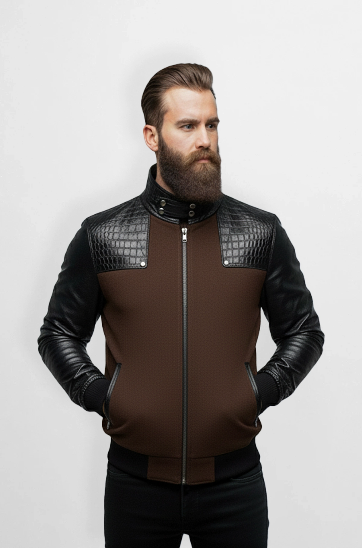 Trim Dark Brown Crocodile Wool Leather Bomber Jacket