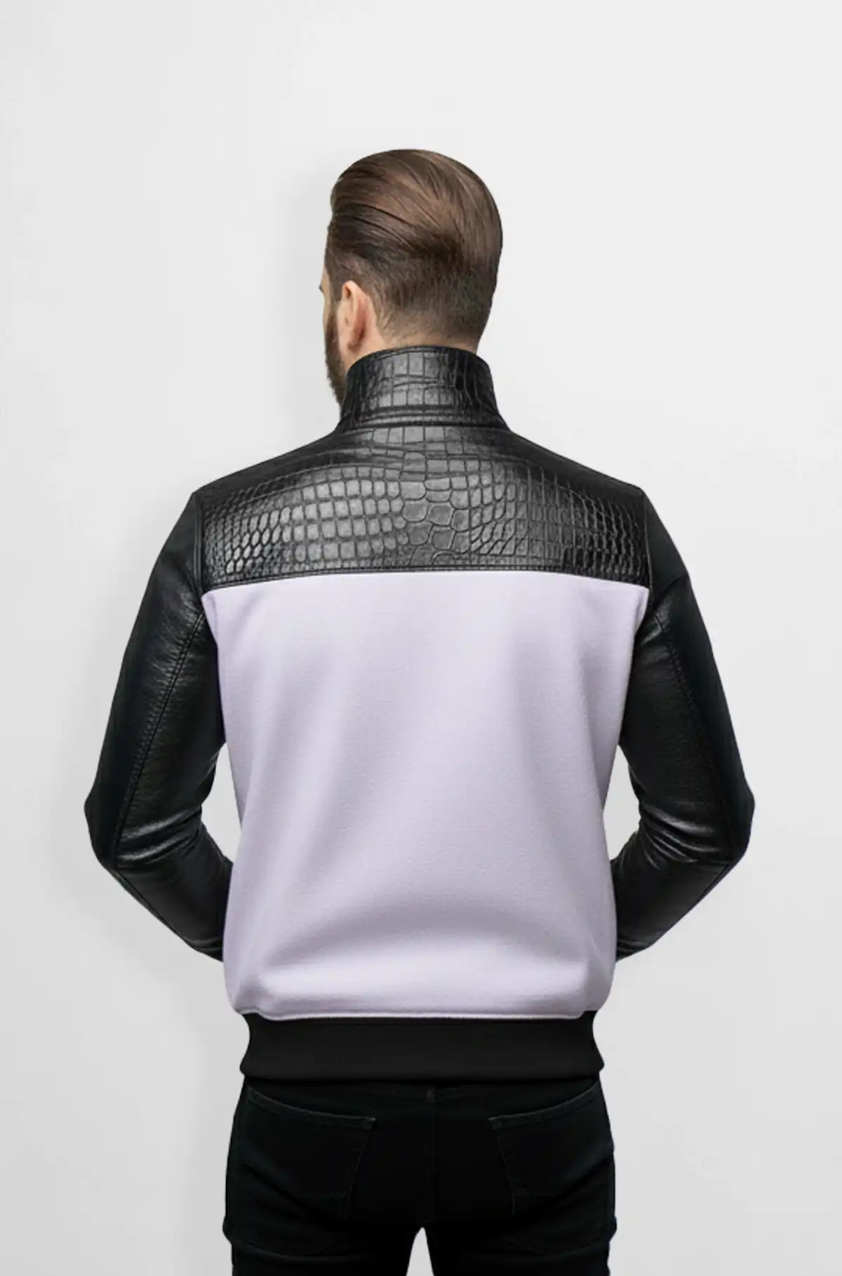 Trim Lavender Crocodile Wool Leather Bomber Jacket