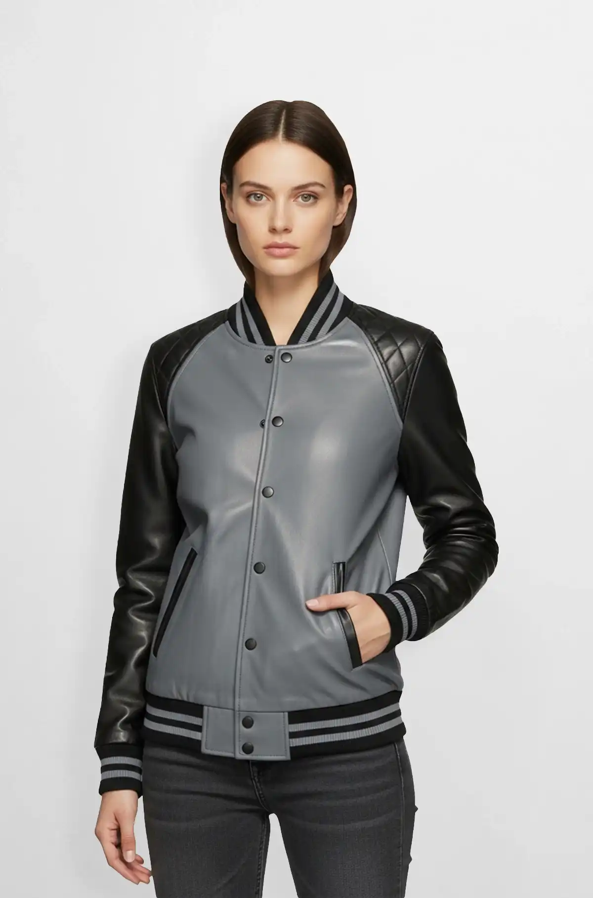 Two-Tone Grey Black Varsity Leather Jacket