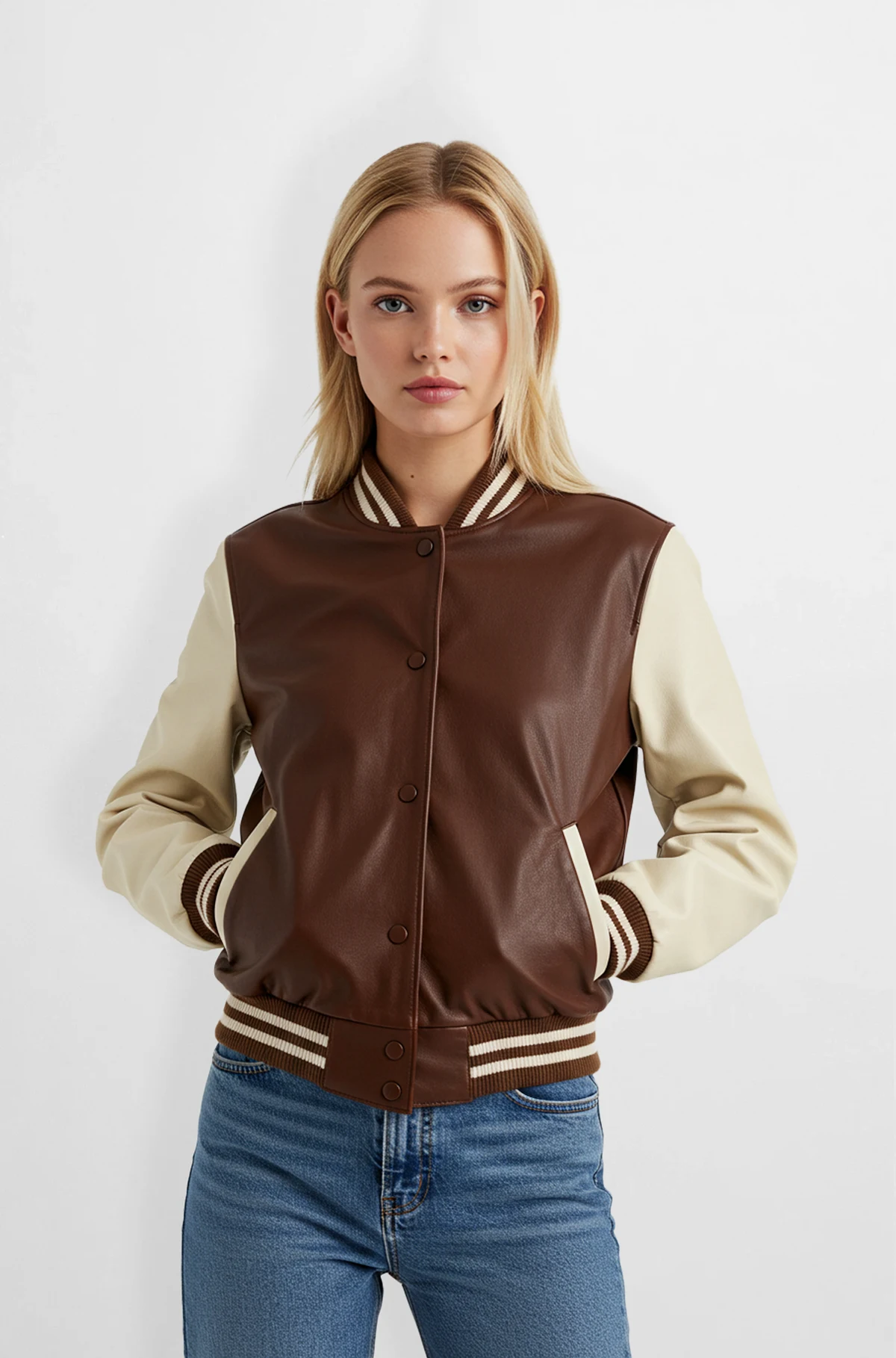 Two Tone Varsity Leather Bomber Jacket