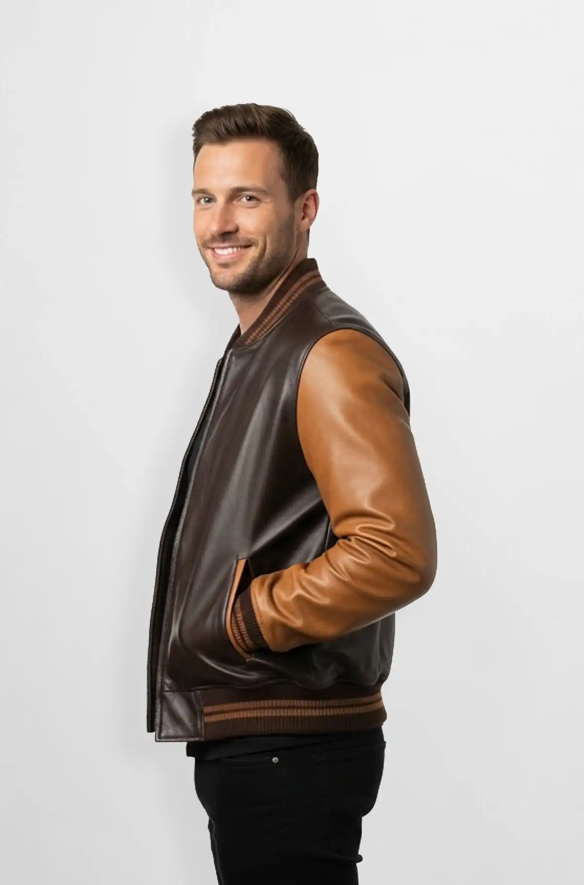 Umber Brown Leather Bomber Jacket