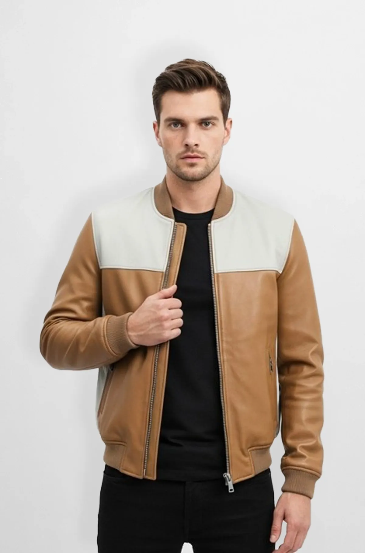 Urban Contrast Panel Leather Bomber Jacket