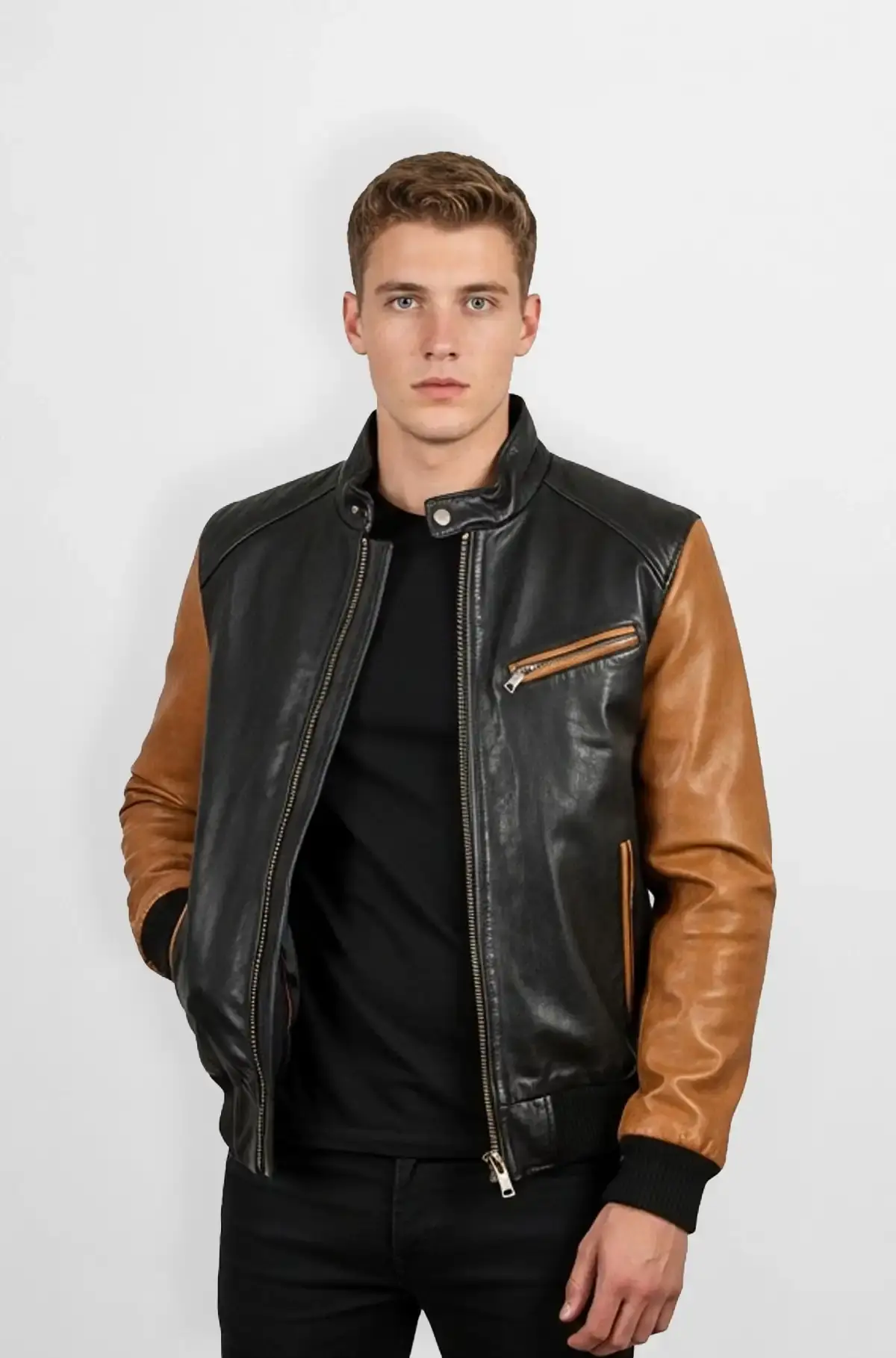 Urban Edge Black and Tan Bomber Leather Jacket