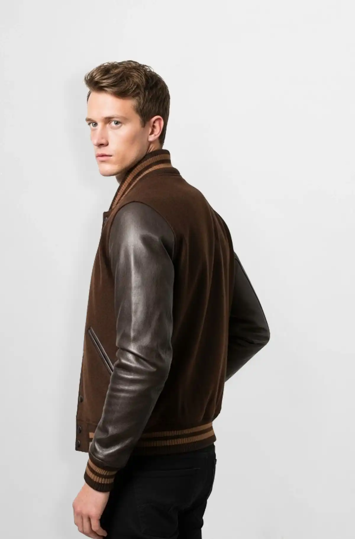 Varsity Leather Jacket Brown And Chocolate Sleeves
