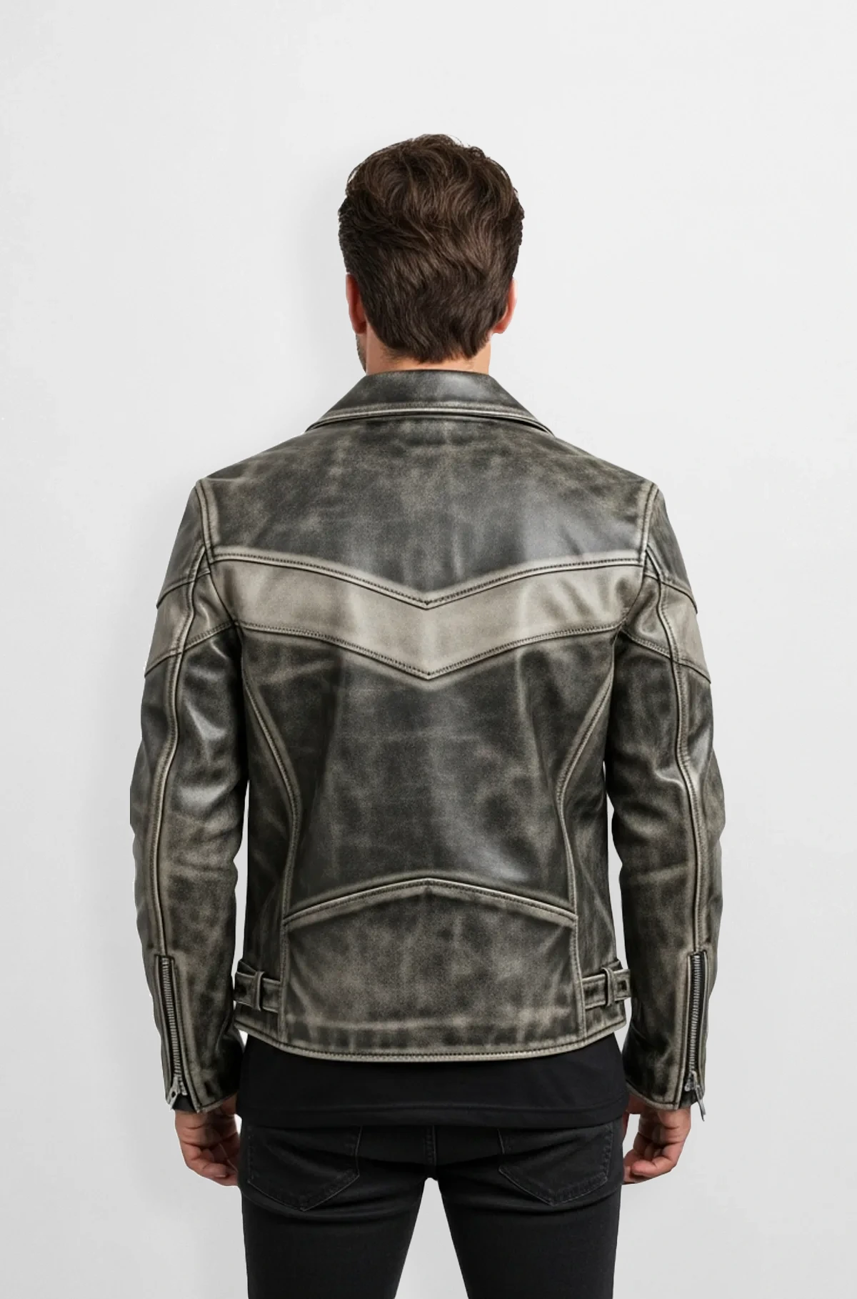 Vintage Blackish Ash Grey Leather Biker Jacket
