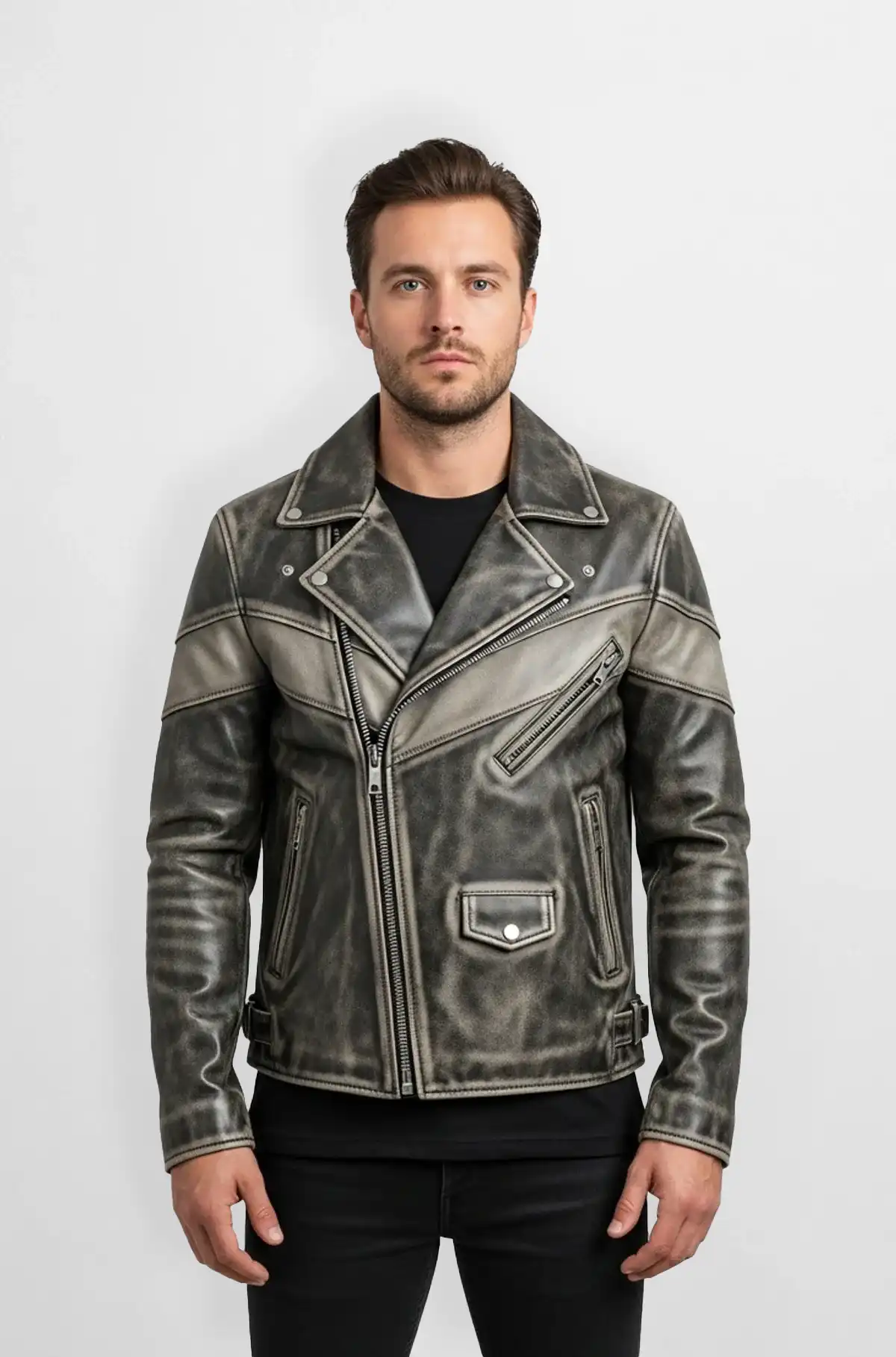 Vintage Blackish Ash Grey Leather Biker Jacket