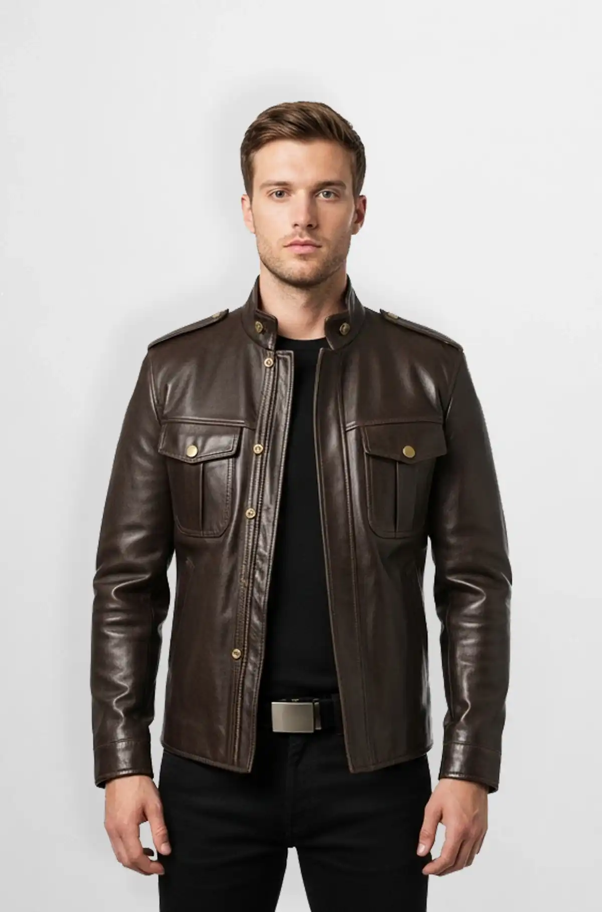 Vintage Brown Leather Moto Jacket with Gold Hardware
