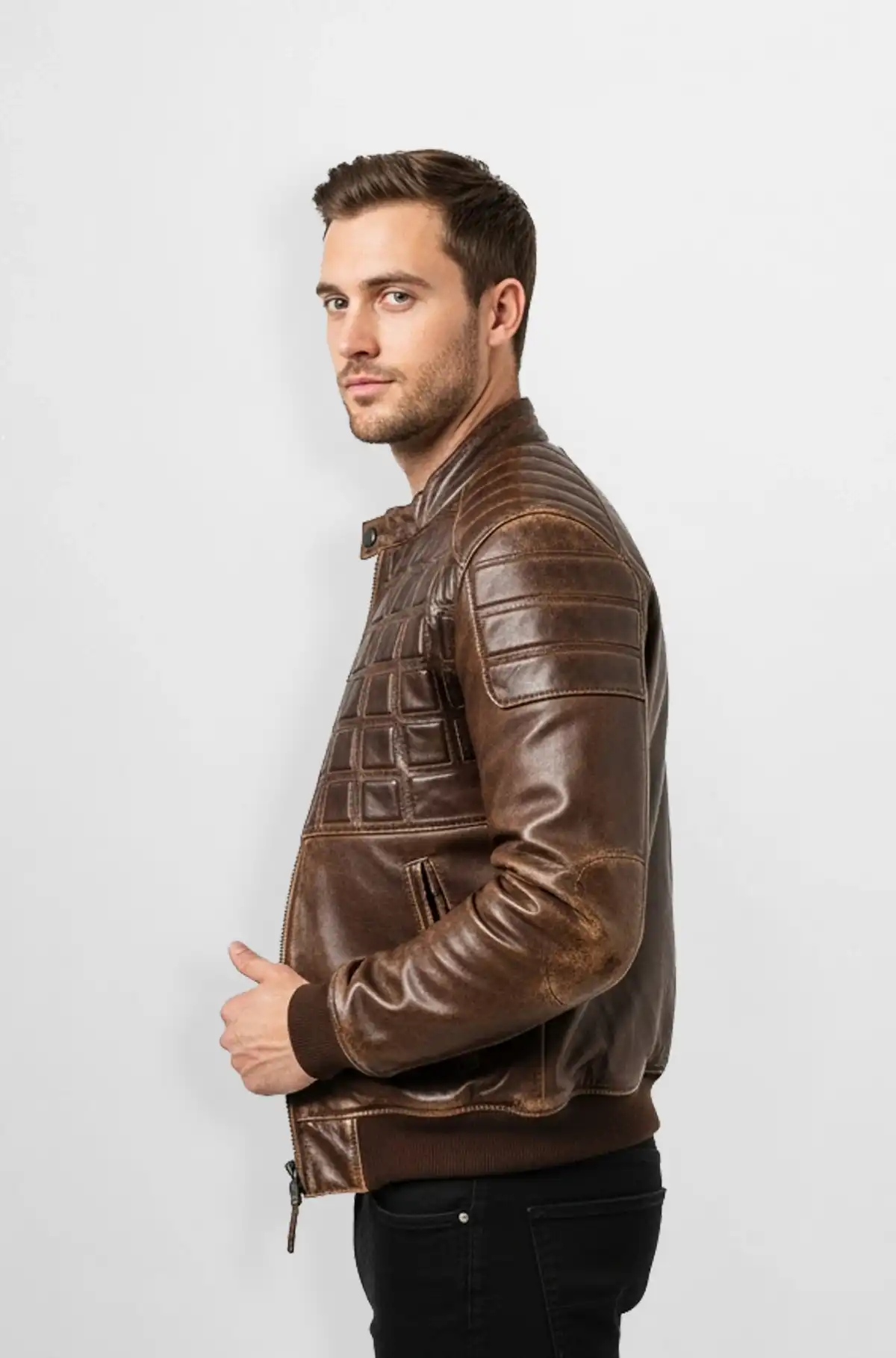 Vintage Brown Quilted Leather Bomber Jacket