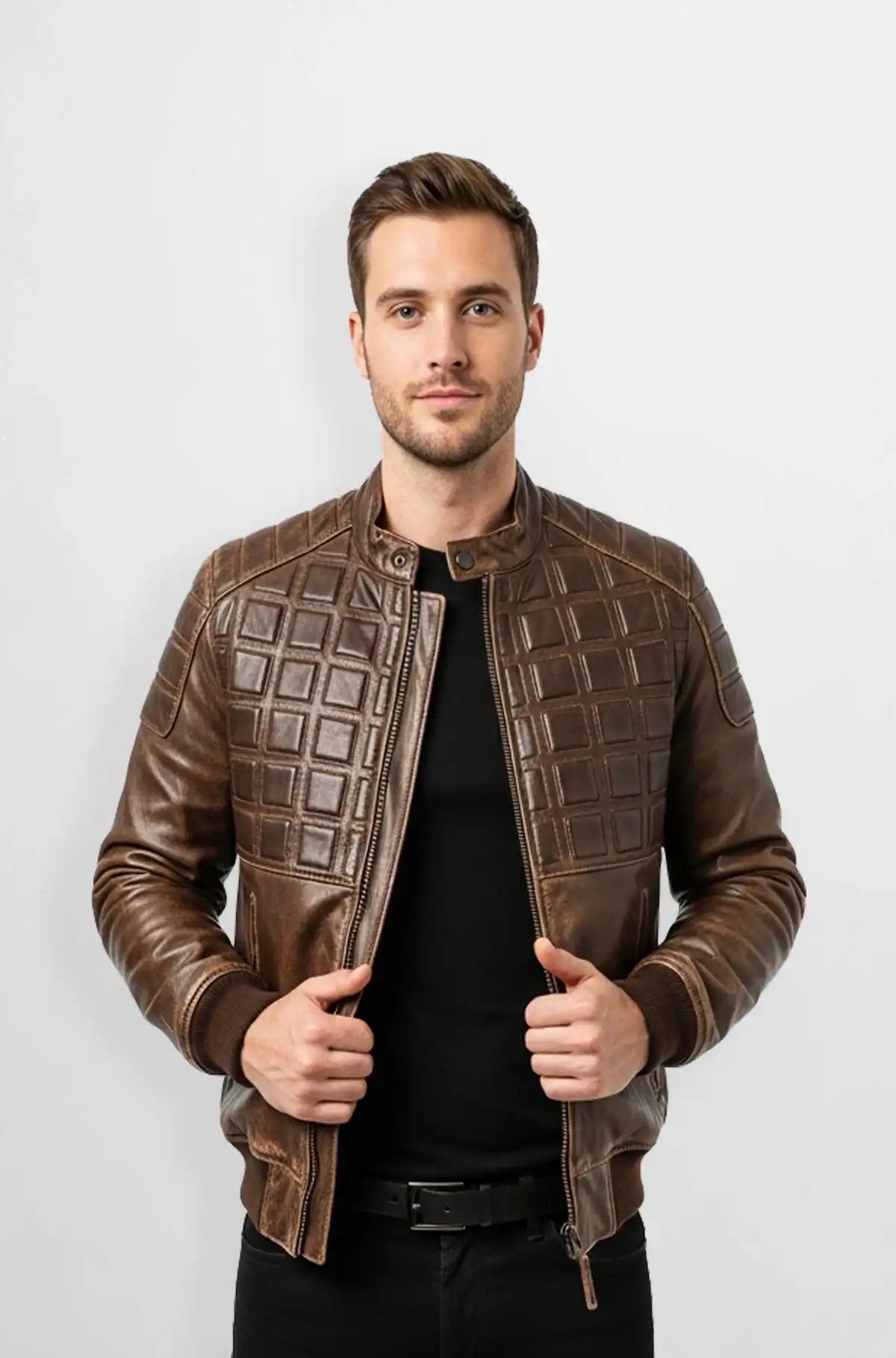 Vintage Brown Quilted Leather Bomber Jacket