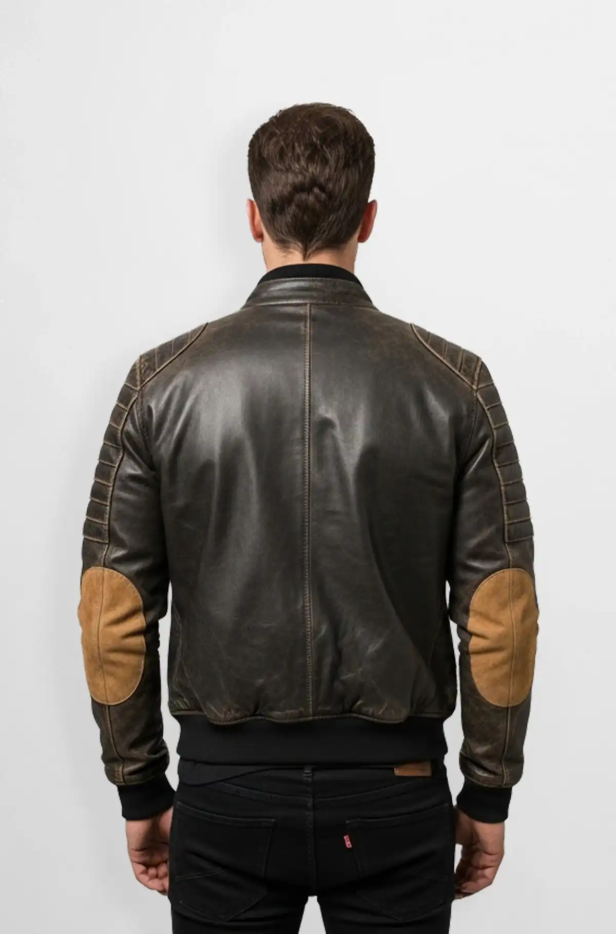 Vintage Leather Bomber Jacket with Quilted Shoulders