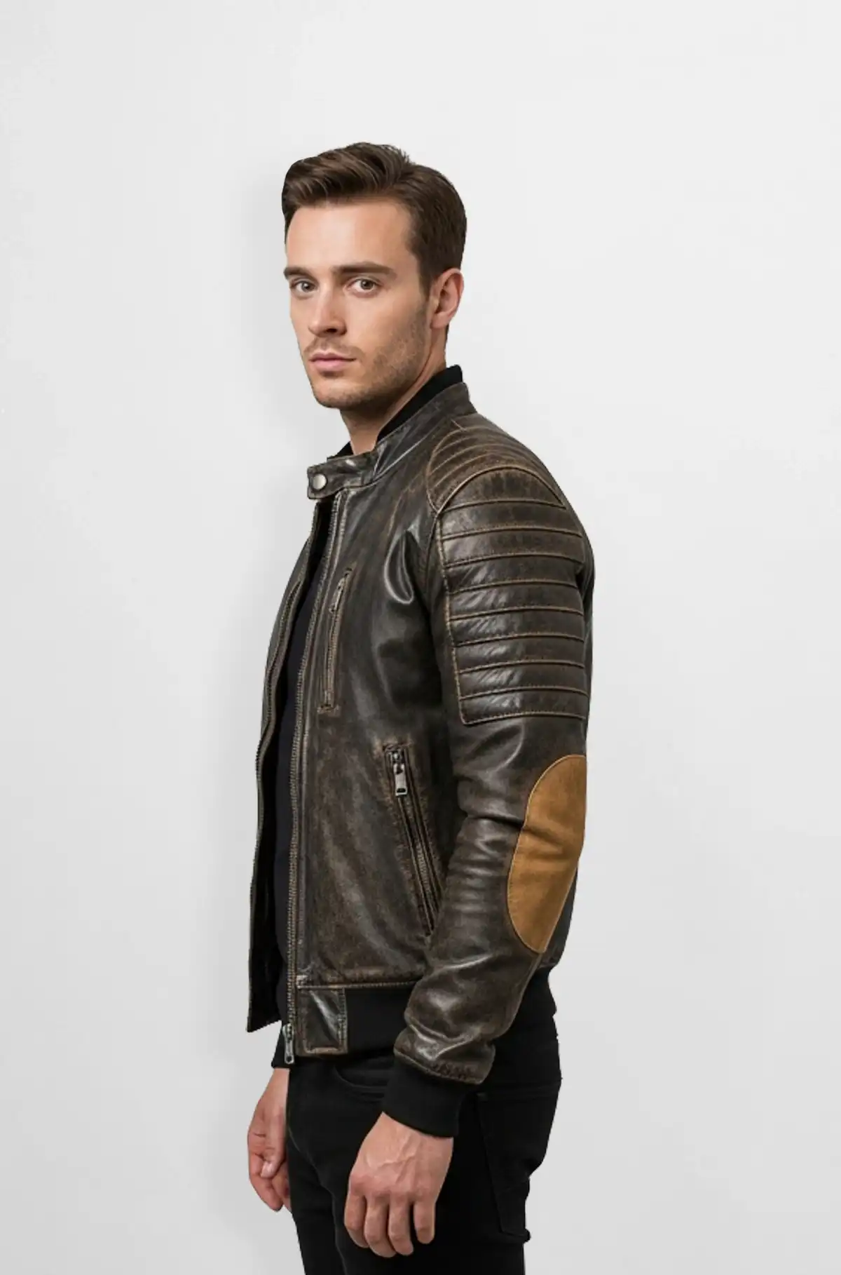 Vintage Leather Bomber Jacket with Quilted Shoulders