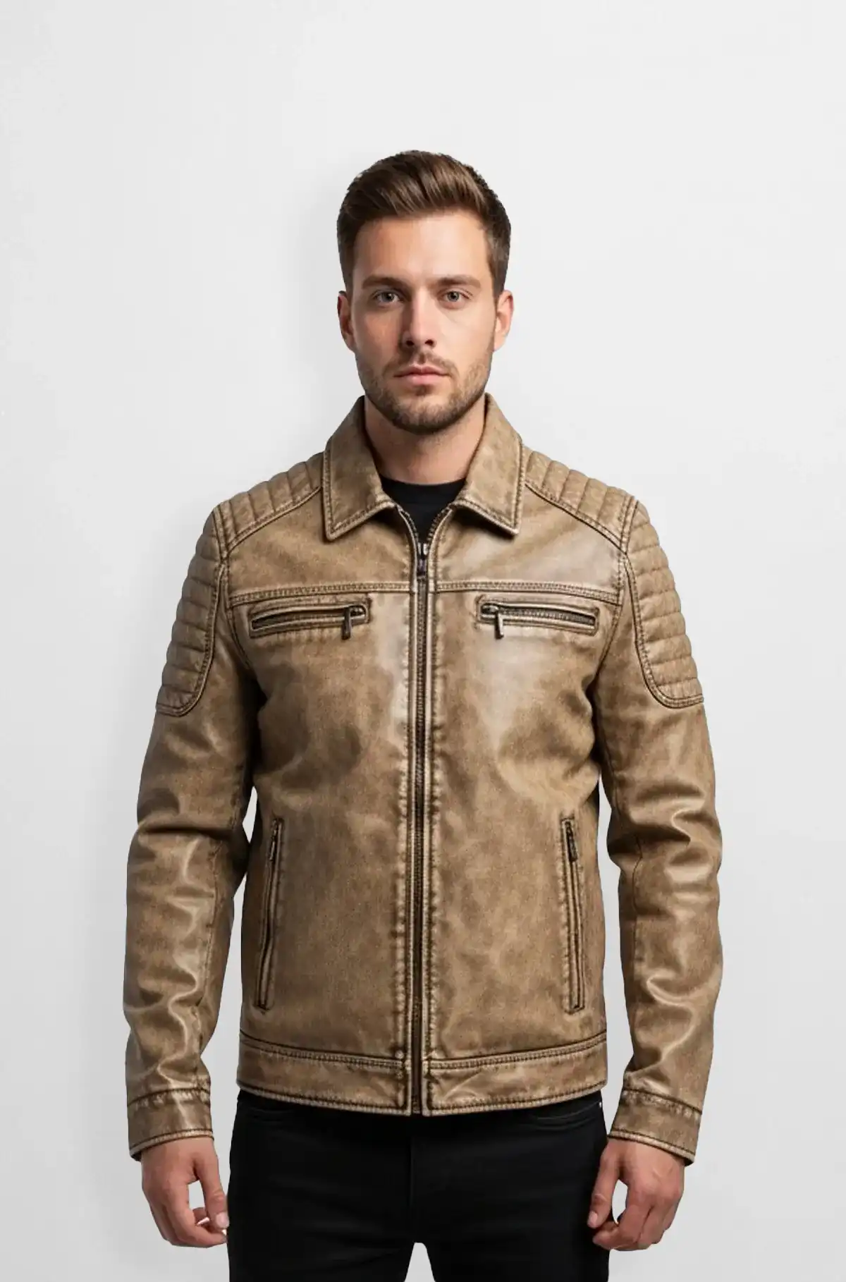 Vintage Tan Leather Biker Jacket