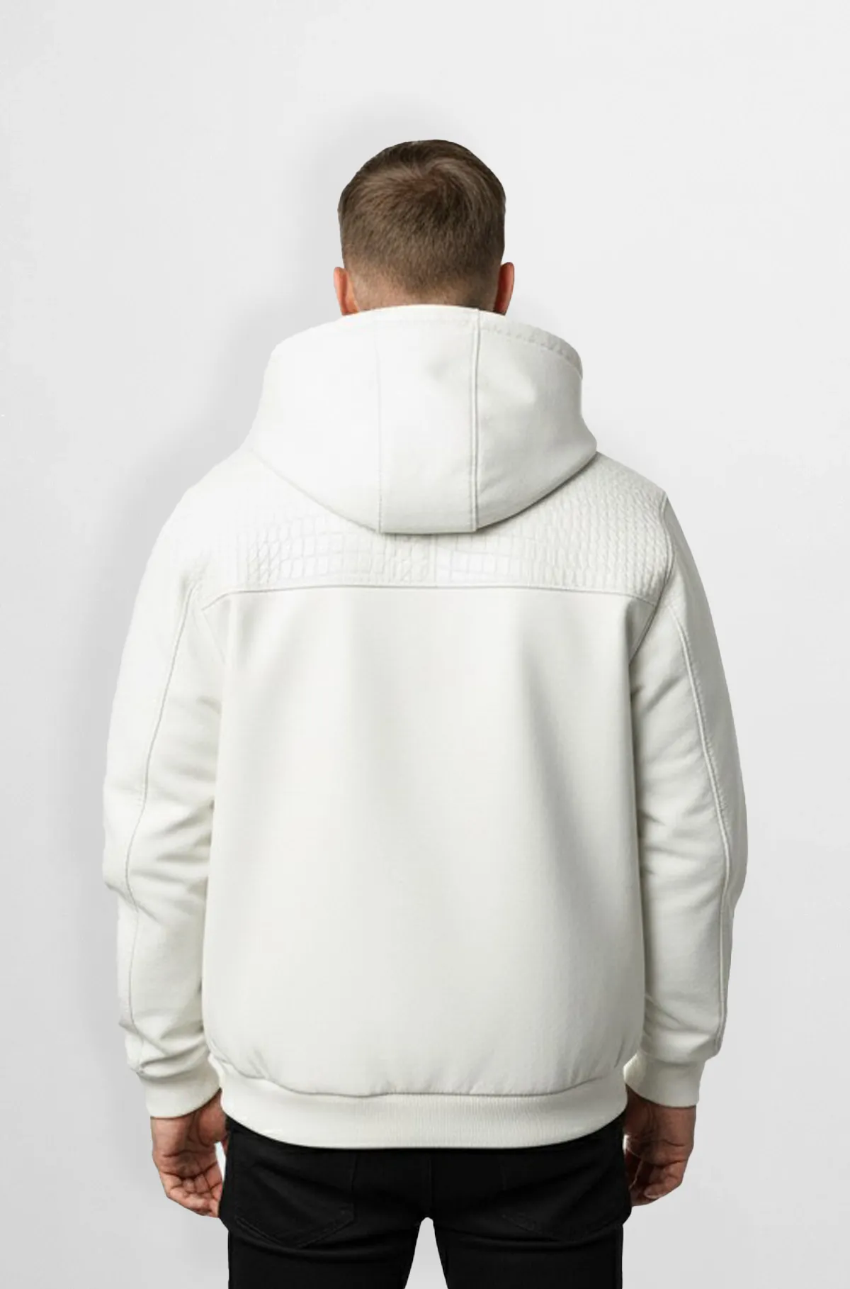 White Crocodile Leather Hooded Bomber Jacket