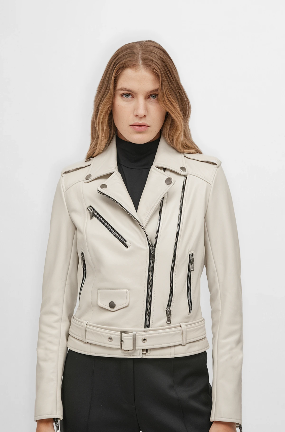 Ivory Rebel Leather Biker Jacket