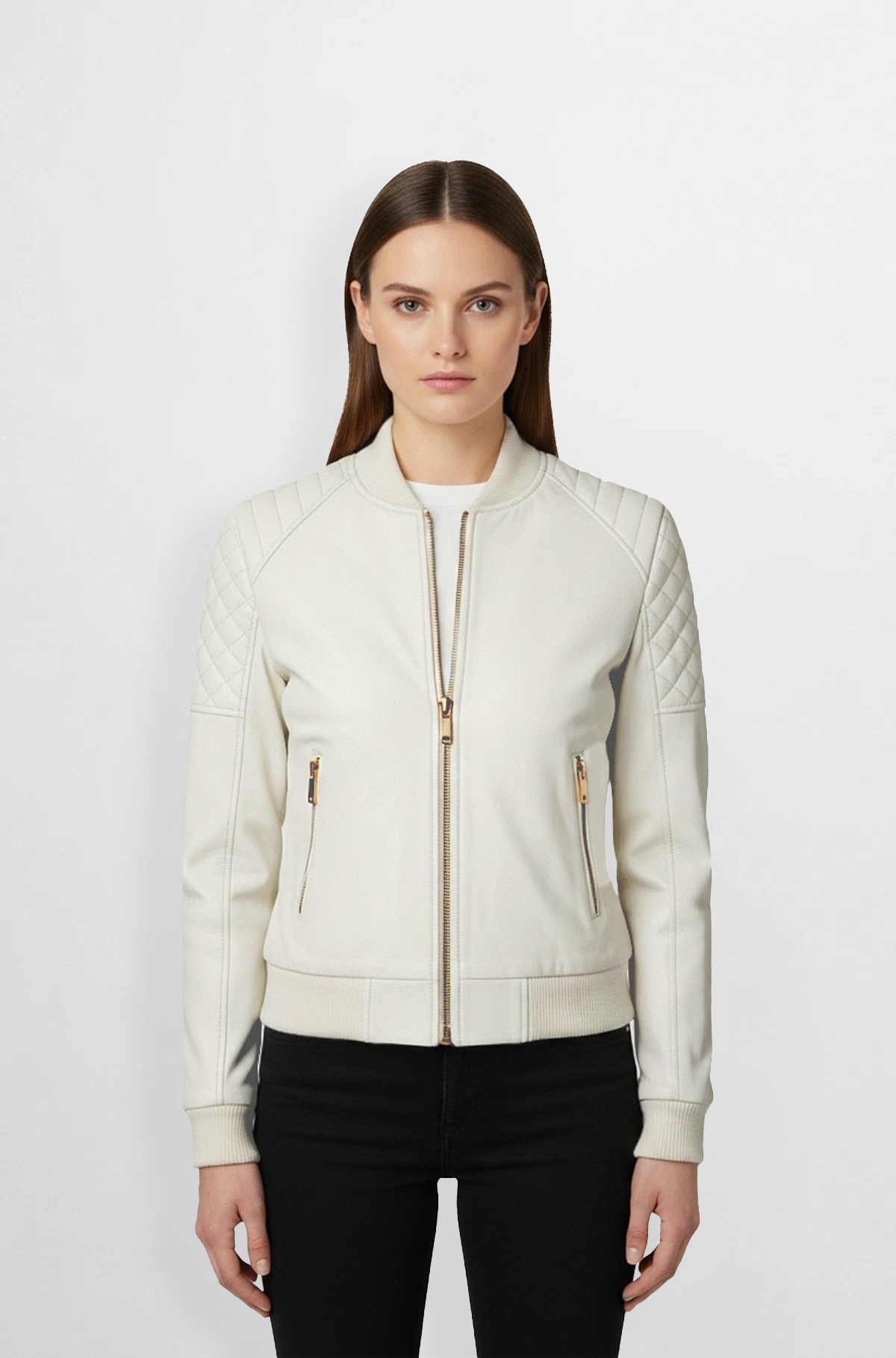 White Quilted Leather Bomber Jacket