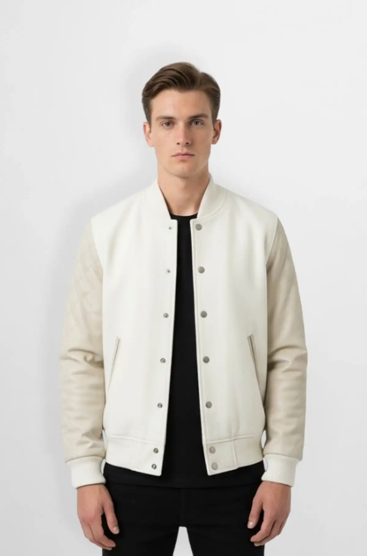 White Quilted Sleeve Varsity Leather Jacket