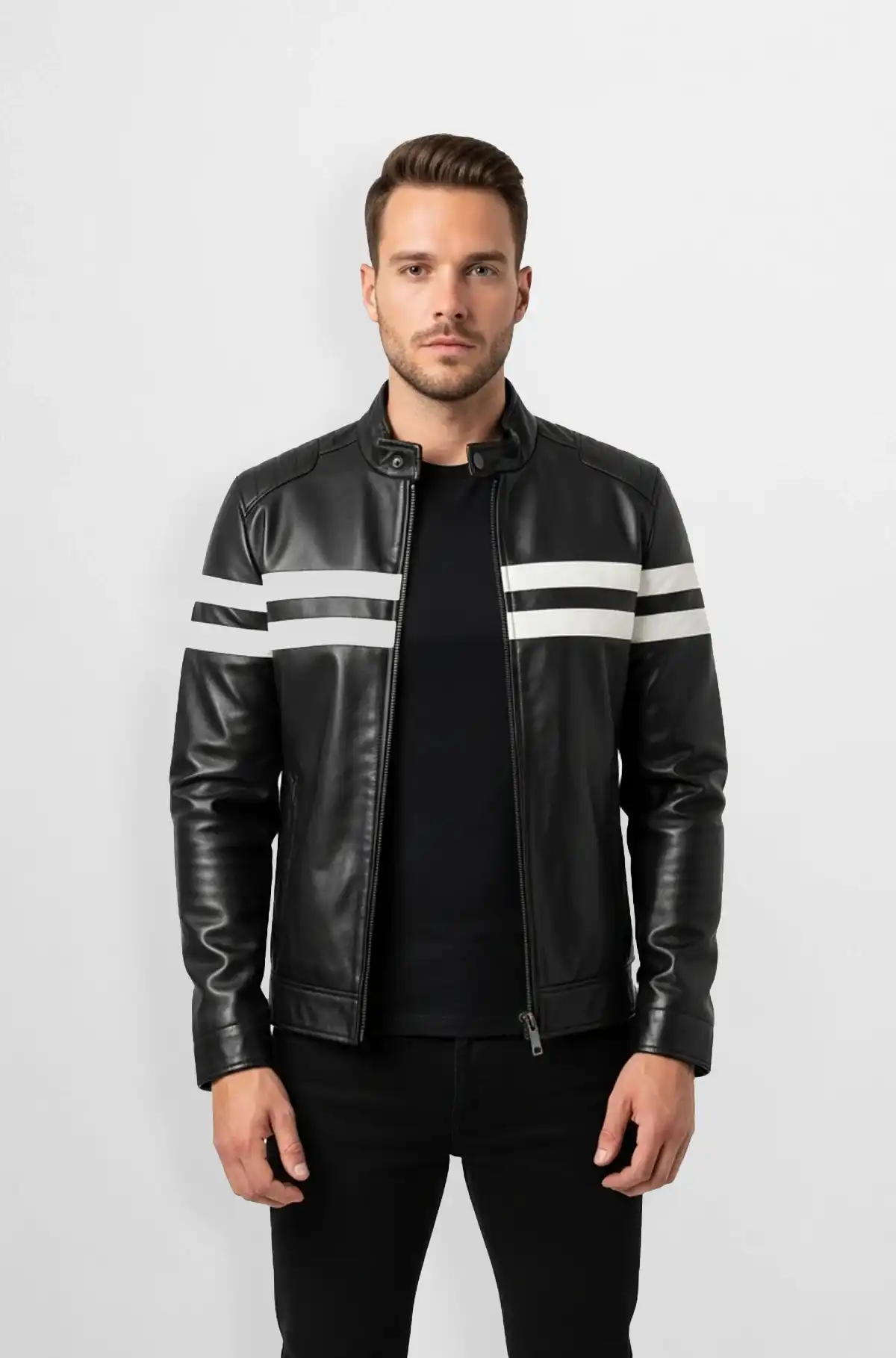 White Stripes Black Leather Racer Jacket
