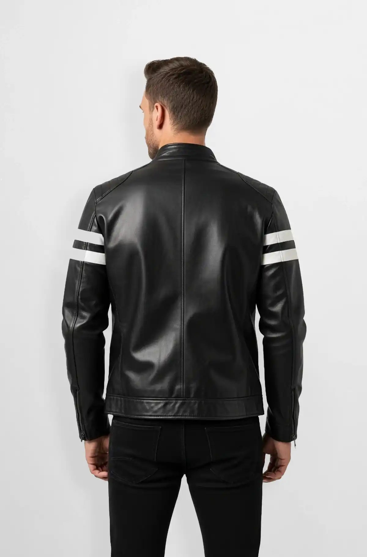 White Stripes Black Leather Racer Jacket