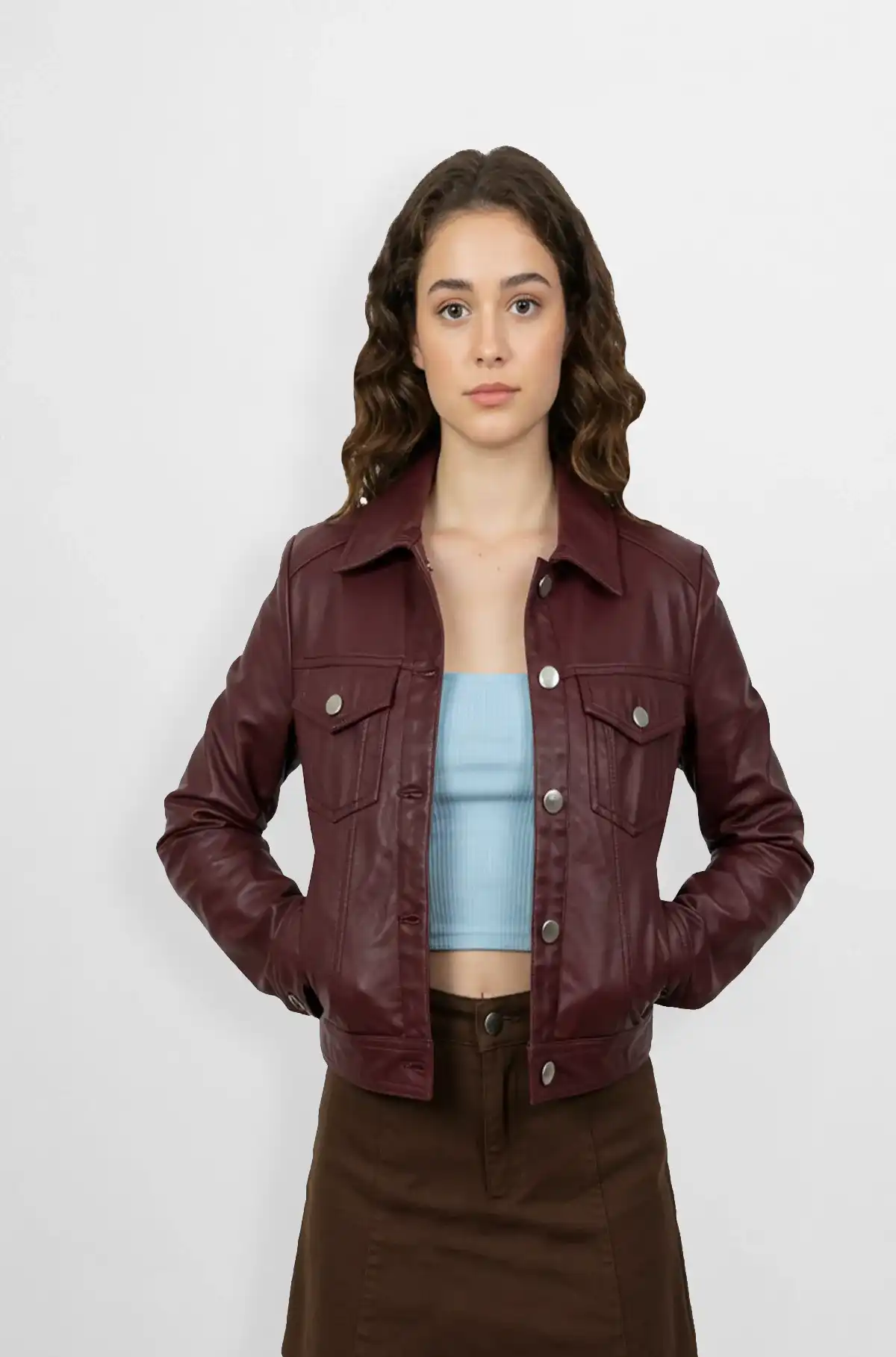 Women Burgundy Leather Trucker Jacket