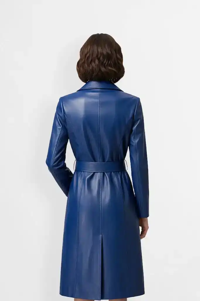Women Navy Blue Leather Trench Coat