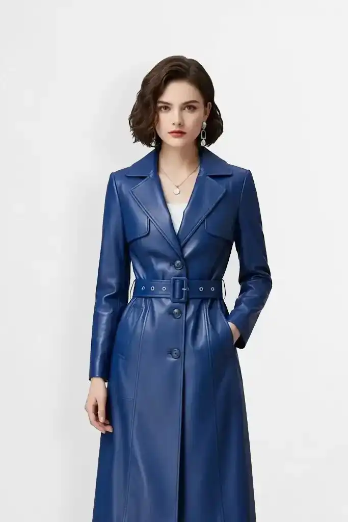 Women Navy Blue Leather Trench Coat