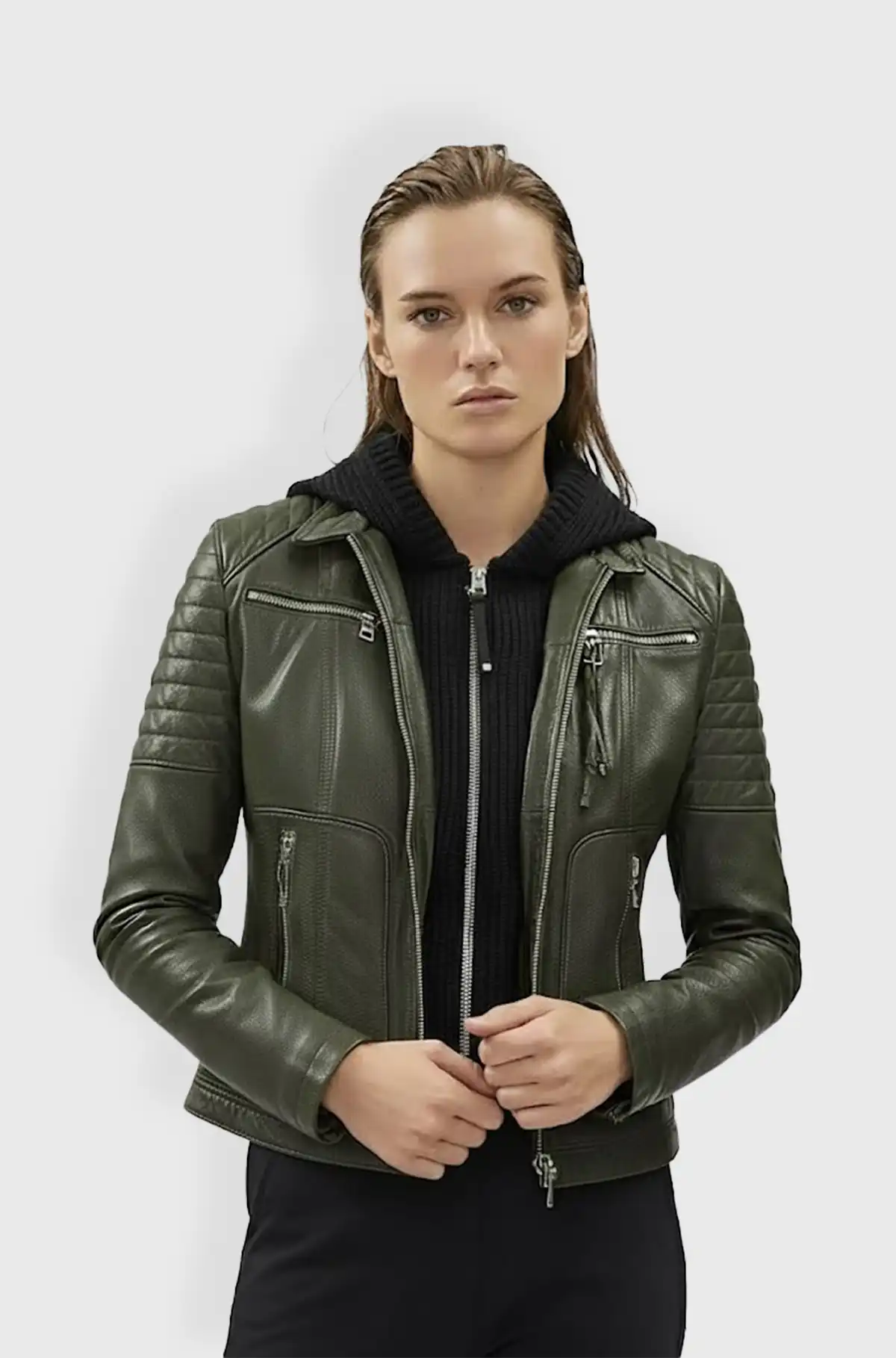 Womens Olive Green Leather Biker Jacket with Hoodie