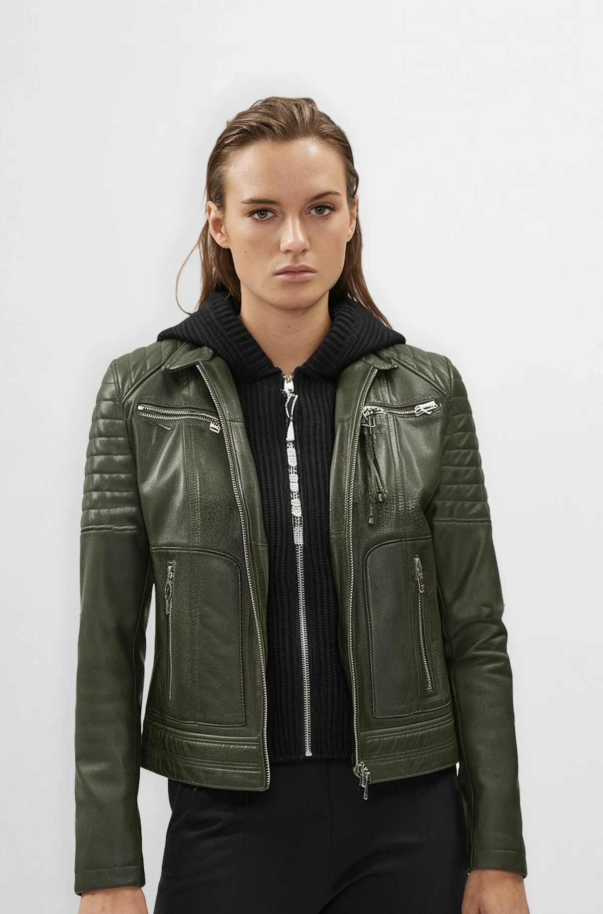 Womens Olive Green Leather Biker Jacket with Hoodie