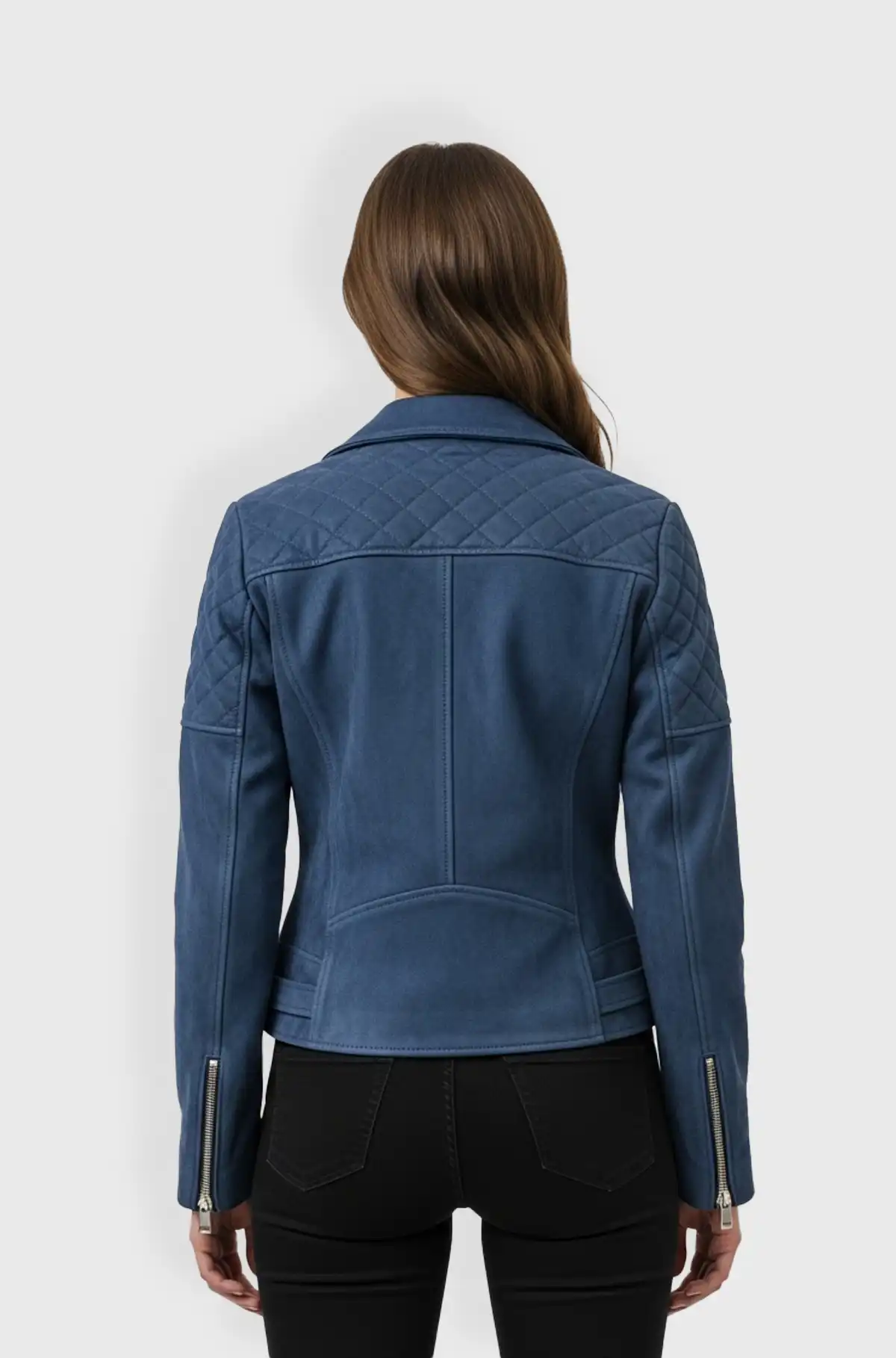 Womens Blue Quilted Suede Biker Jacket