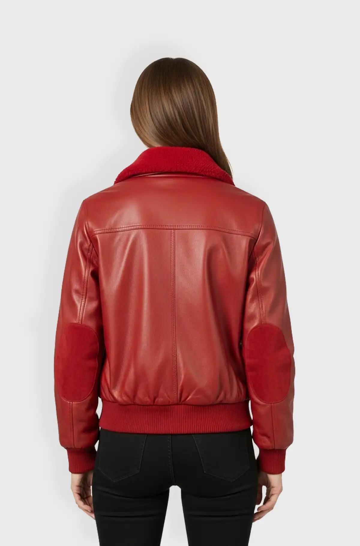 Womens Red Shearling Bomber Leather Jacket