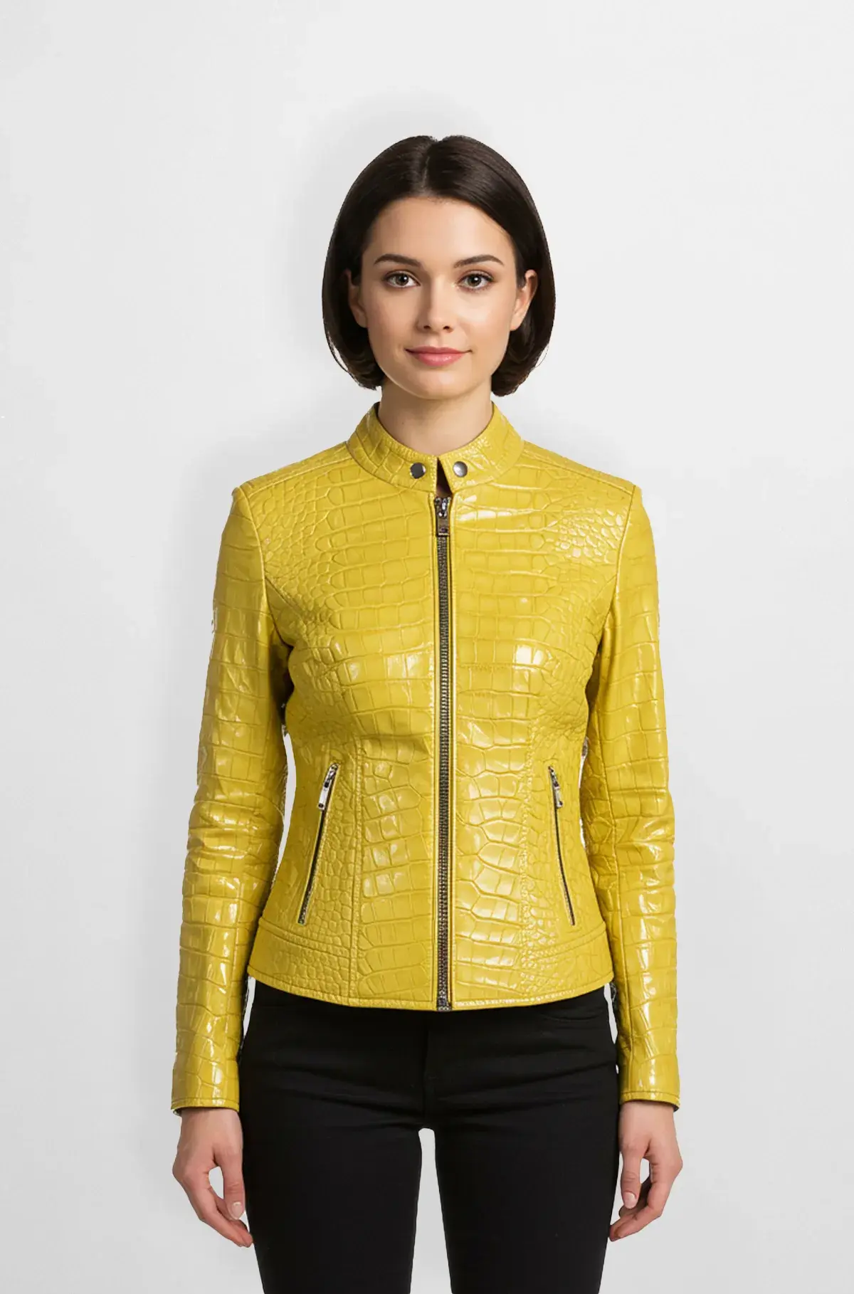 Yellow Crocodile Leather Jacket for Women