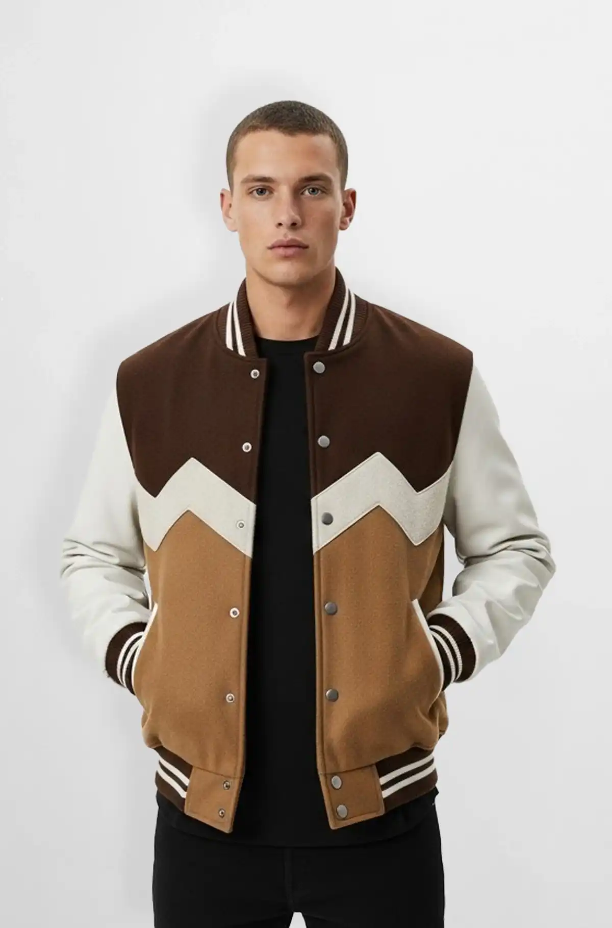 Zigzag Panel Varsity Leather Jacket Tricolor Edition