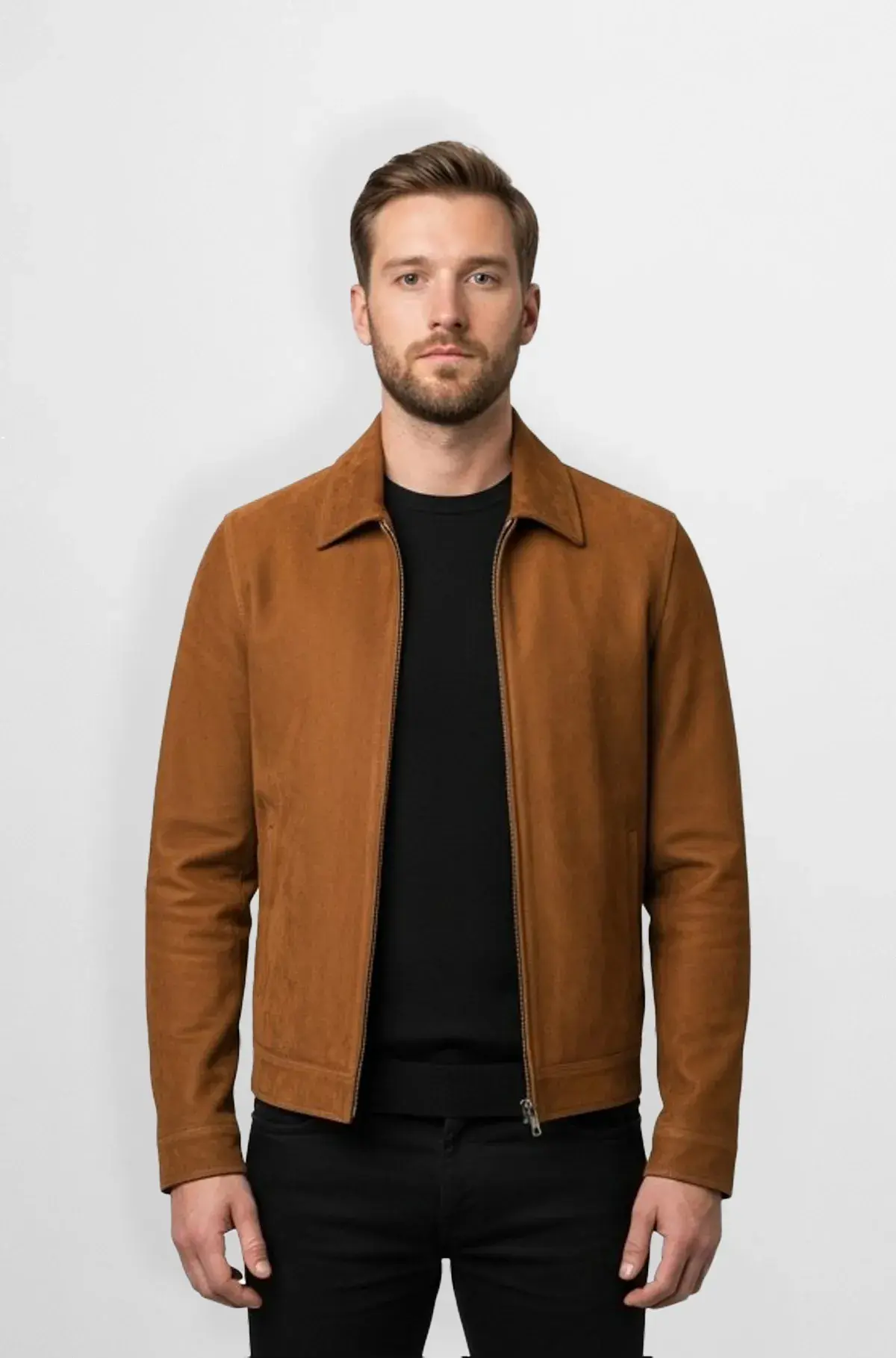Honey Brown Suede Bomber Jacket